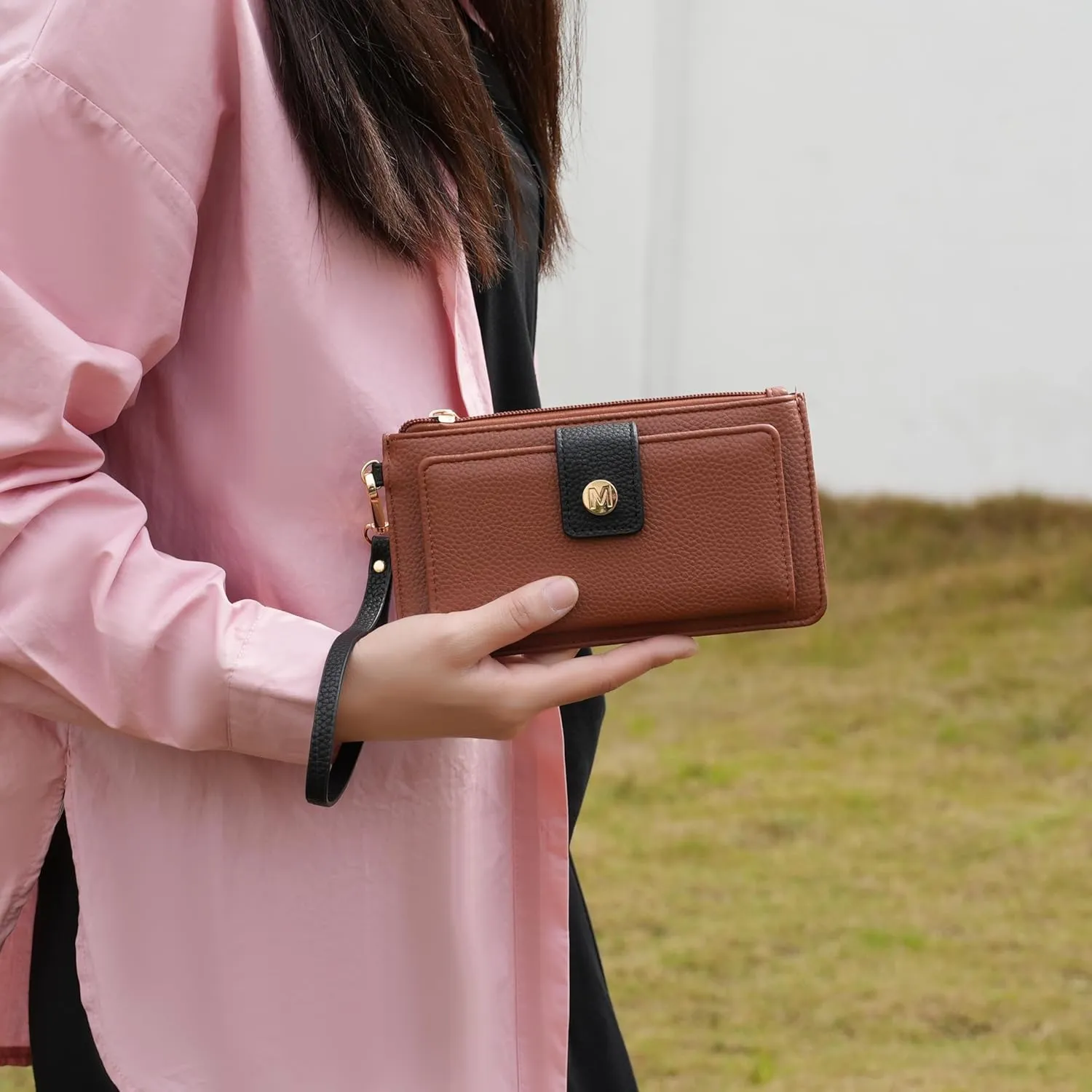 MKF Collection Wallet Wristlet for Women, Multi Compartment Color Block Wristlet Strap Purse Coffee Taupe By Mia K