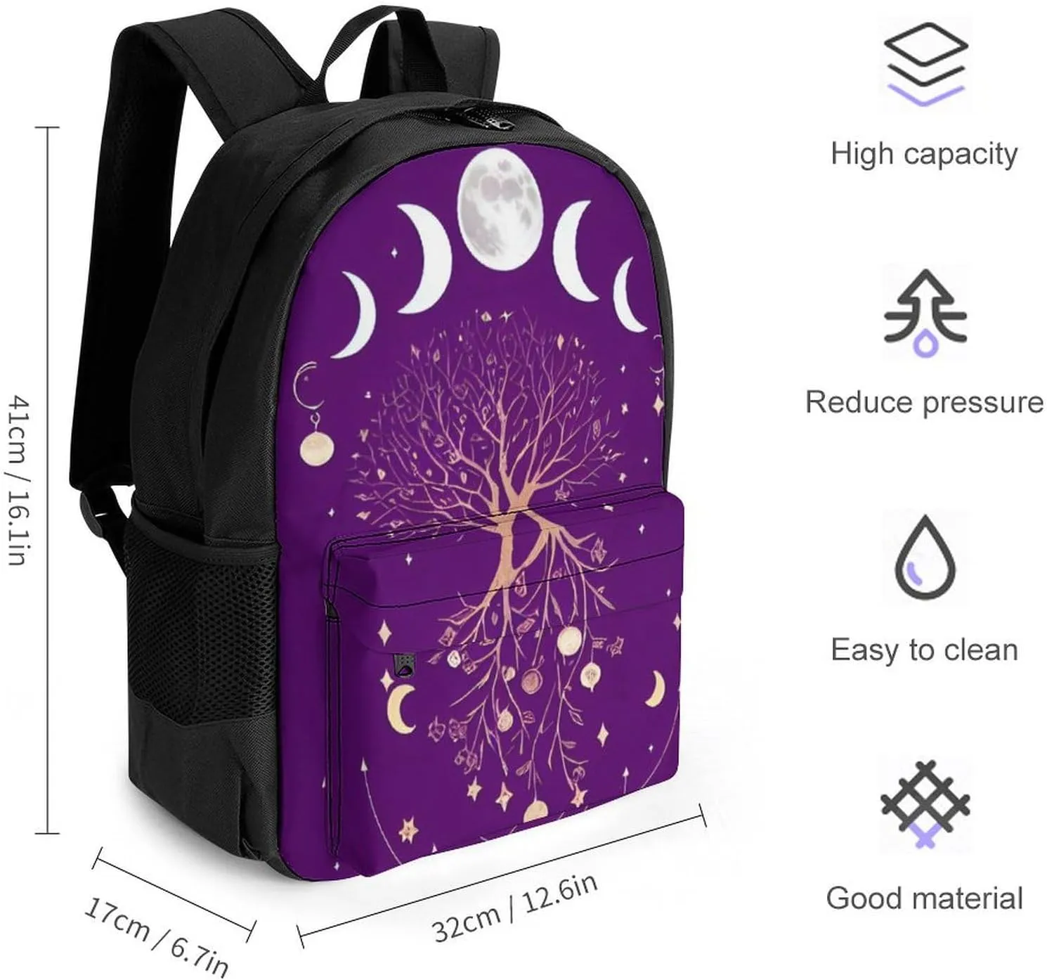 Moon Phase Space Tree Art Backpack Lightweight Anti-Theft Multipurpose Shoulder Bag Large Capacity Travel Hiking Backpack With Padded Straps
