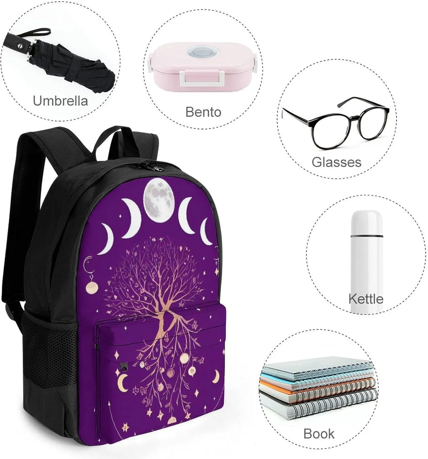 Moon Phase Space Tree Art Backpack Lightweight Anti-Theft Multipurpose Shoulder Bag Large Capacity Travel Hiking Backpack With Padded Straps