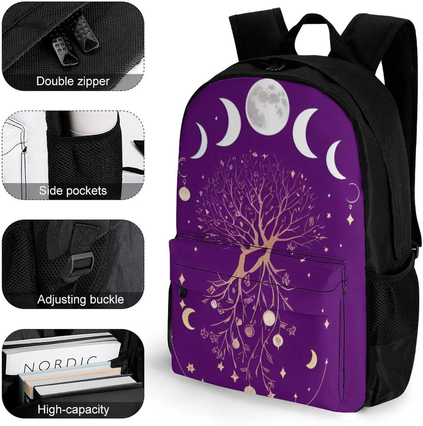 Moon Phase Space Tree Art Backpack Lightweight Anti-Theft Multipurpose Shoulder Bag Large Capacity Travel Hiking Backpack With Padded Straps