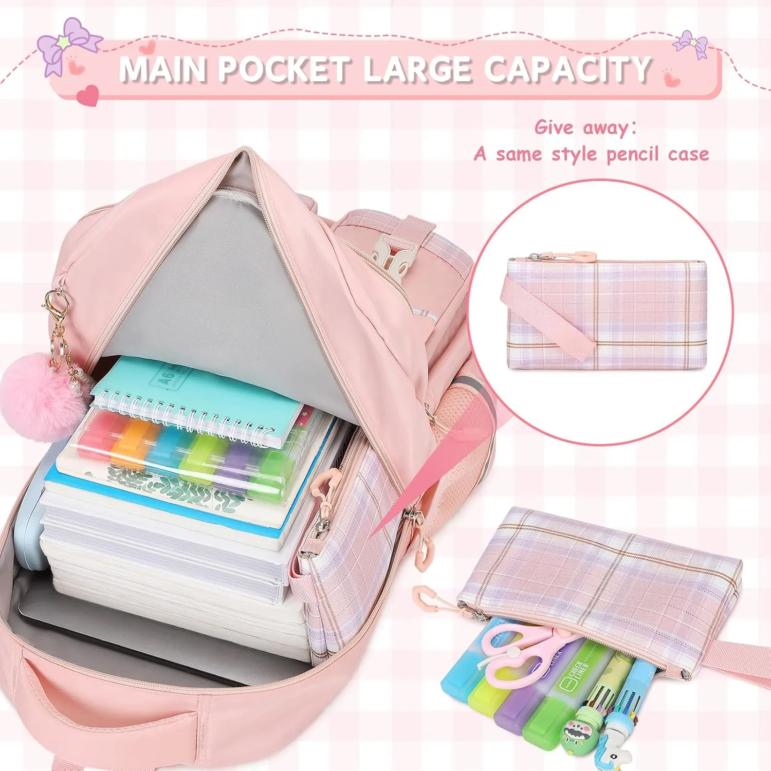 MOONBABY Girls Backpack, Kids Backpack for Girls School Bags with Lunch Bag & Pen Case, Bow Plaid Book Bag for Elementary Middle Primary High School College,Pink-3pcs