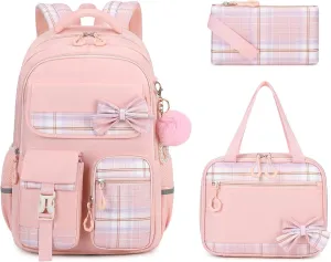 MOONBABY Girls Backpack, Kids Backpack for Girls School Bags with Lunch Bag & Pen Case, Bow Plaid Book Bag for Elementary Middle Primary High School College,Pink-3pcs
