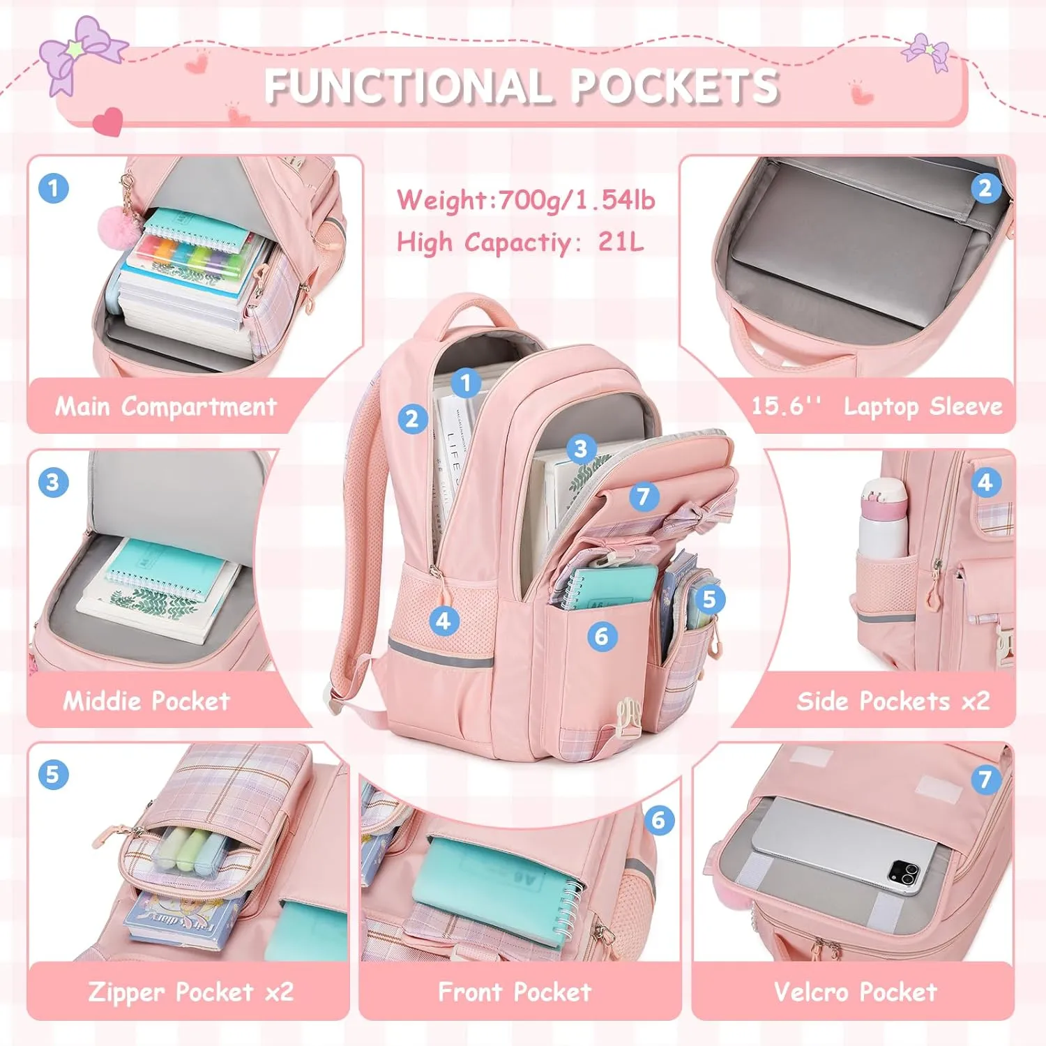 MOONBABY Girls Backpack, Kids Backpack for Girls School Bags with Lunch Bag & Pen Case, Bow Plaid Book Bag for Elementary Middle Primary High School College,Pink-3pcs