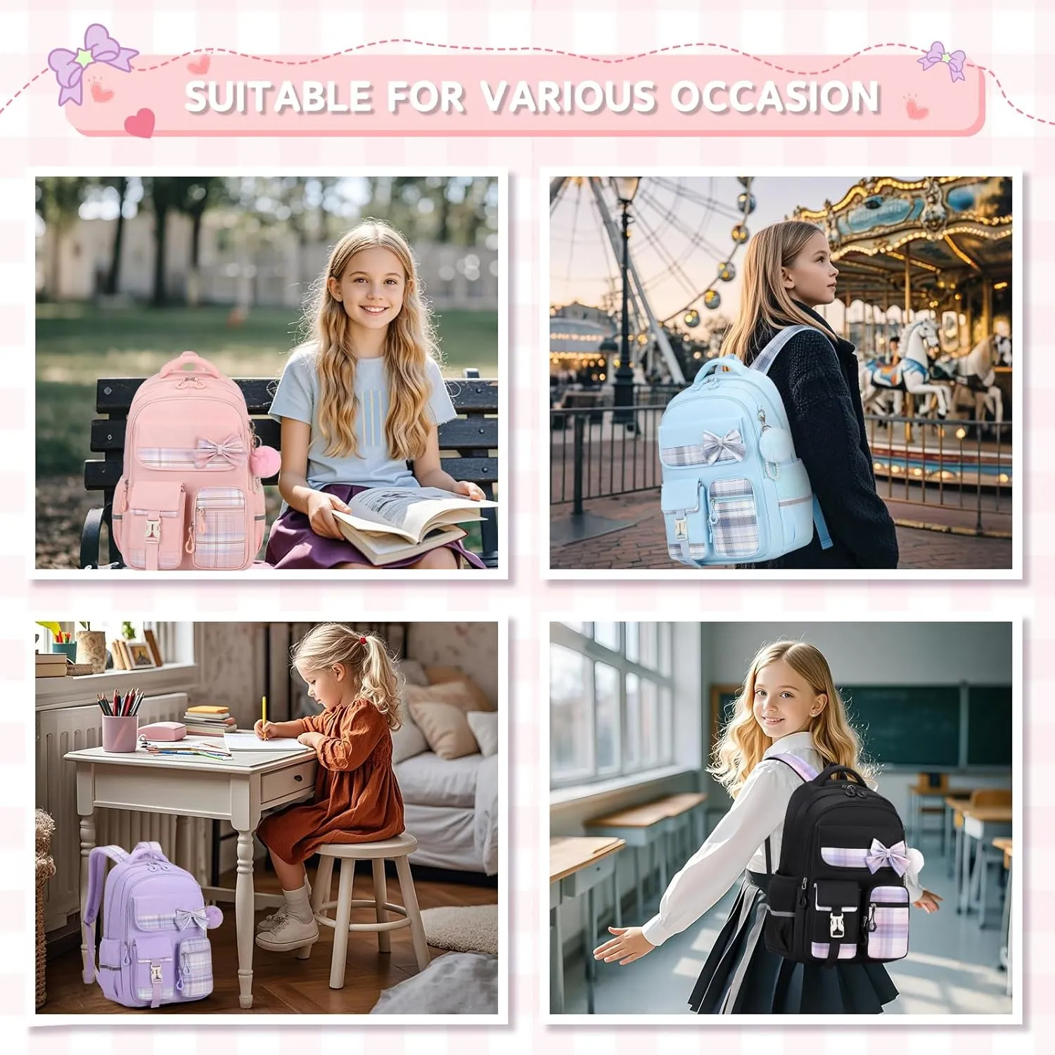 MOONBABY Girls Backpack, Kids Backpack for Girls School Bags with Lunch Bag & Pen Case, Bow Plaid Book Bag for Elementary Middle Primary High School College,Pink-3pcs