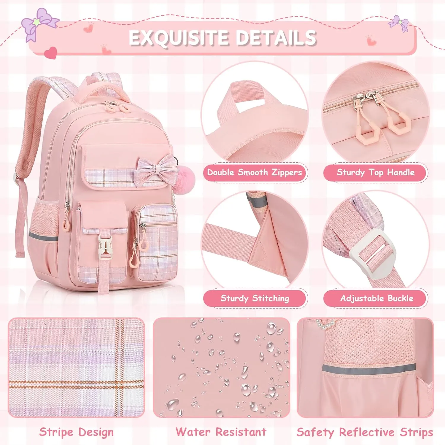 MOONBABY Girls Backpack, Kids Backpack for Girls School Bags with Lunch Bag & Pen Case, Bow Plaid Book Bag for Elementary Middle Primary High School College,Pink-3pcs