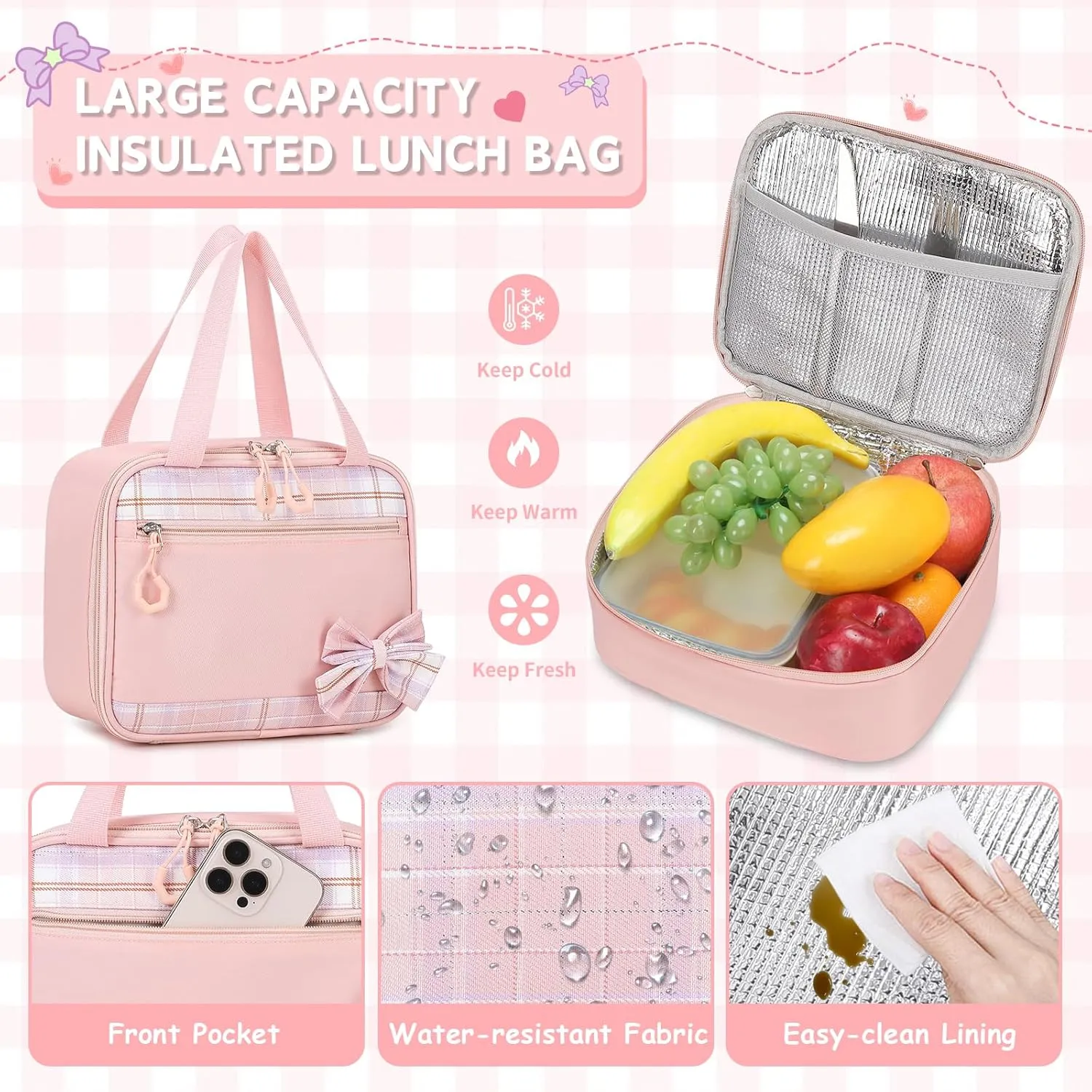 MOONBABY Girls Backpack, Kids Backpack for Girls School Bags with Lunch Bag & Pen Case, Bow Plaid Book Bag for Elementary Middle Primary High School College,Pink-3pcs