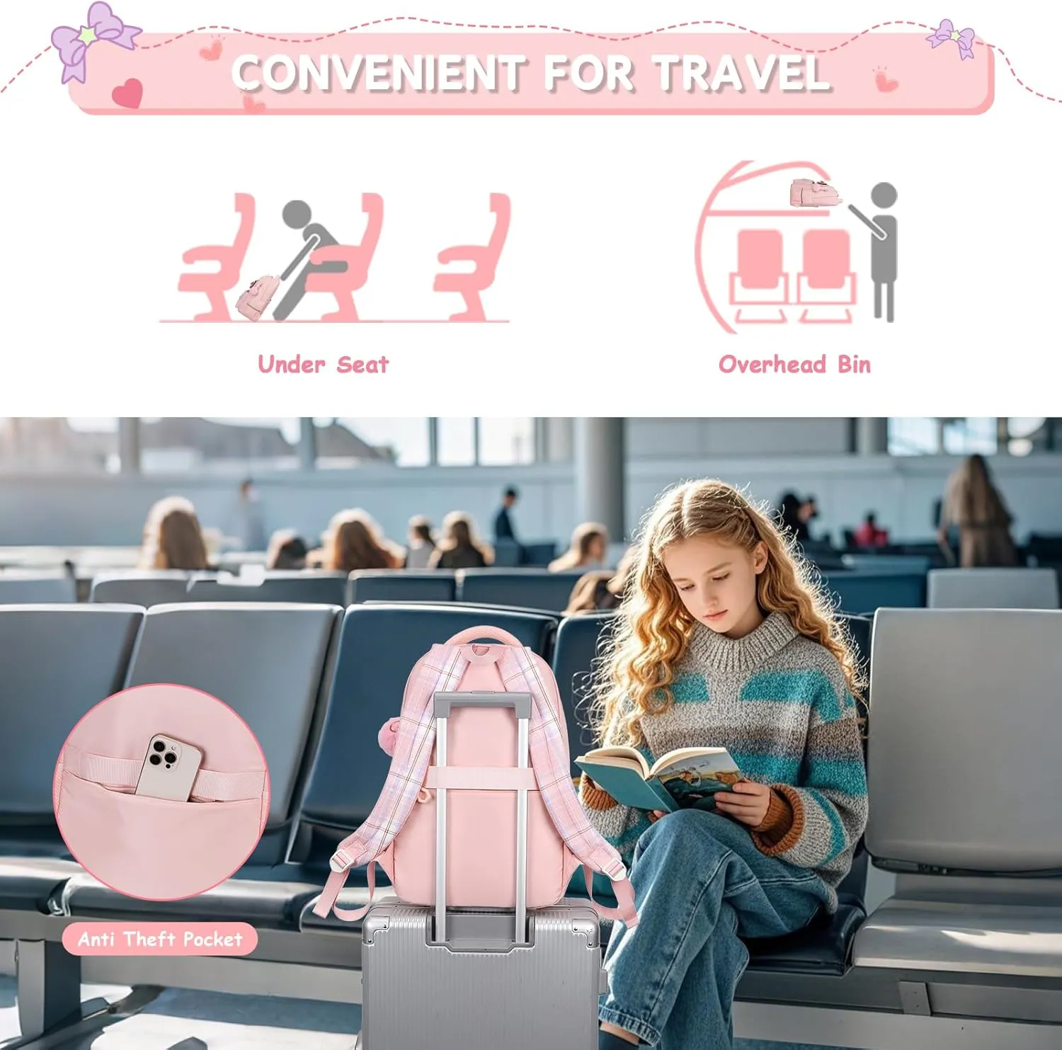 MOONBABY Girls Backpack, Kids Backpack for Girls School Bags with Lunch Bag & Pen Case, Bow Plaid Book Bag for Elementary Middle Primary High School College,Pink-3pcs