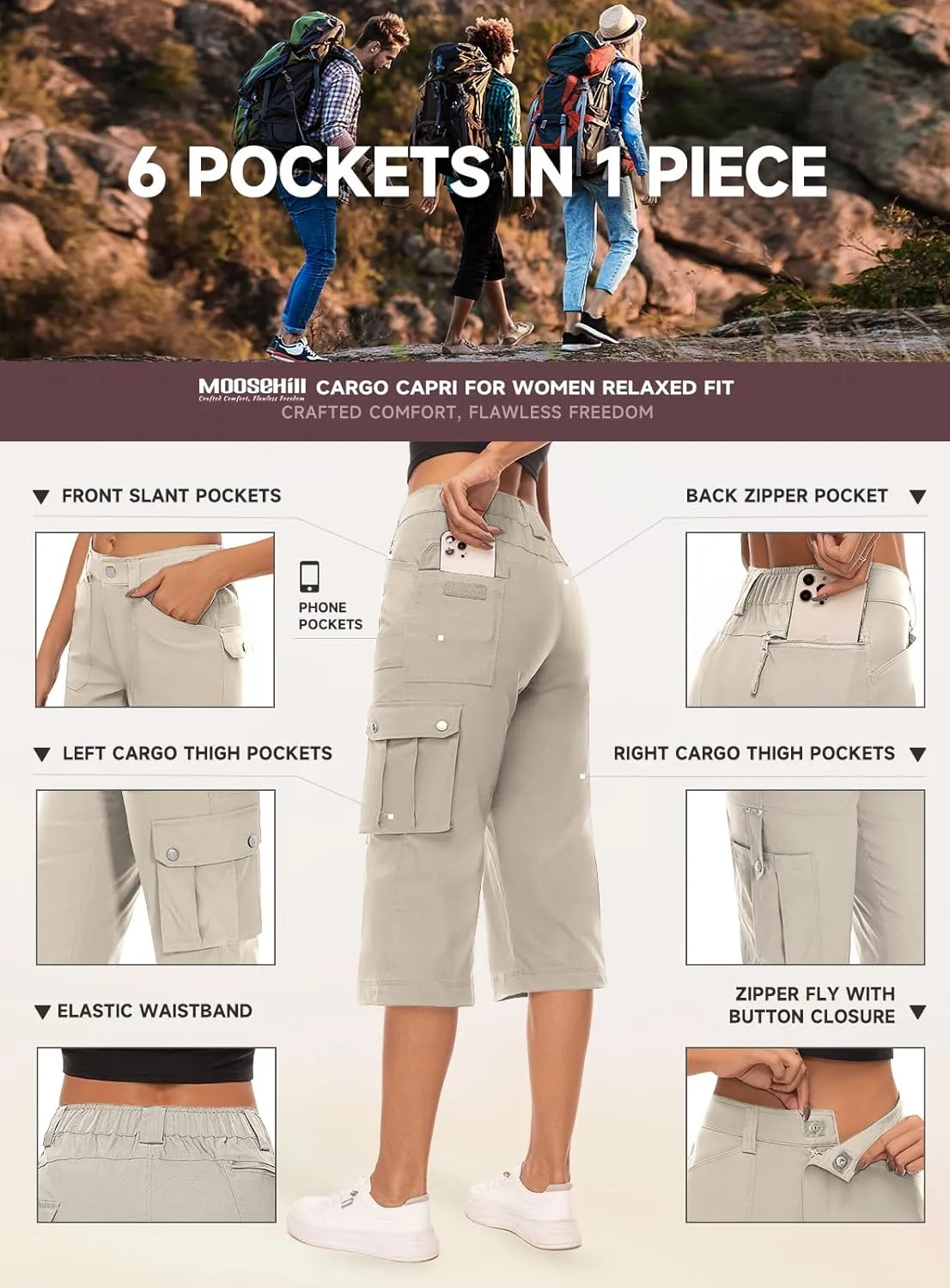 Moosehill Women's-Cargo-Capris-Pants High Waist Waterproof Hiking Casual Travel Summer Pants for Women with 6 Pockets