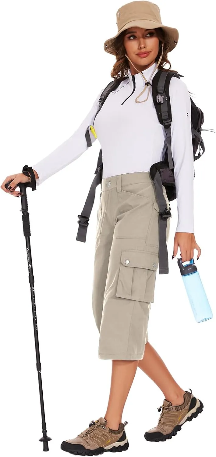 Moosehill Women's-Cargo-Capris-Pants High Waist Waterproof Hiking Casual Travel Summer Pants for Women with 6 Pockets