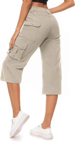 Moosehill Women's-Cargo-Capris-Pants High Waist Waterproof Hiking Casual Travel Summer Pants for Women with 6 Pockets