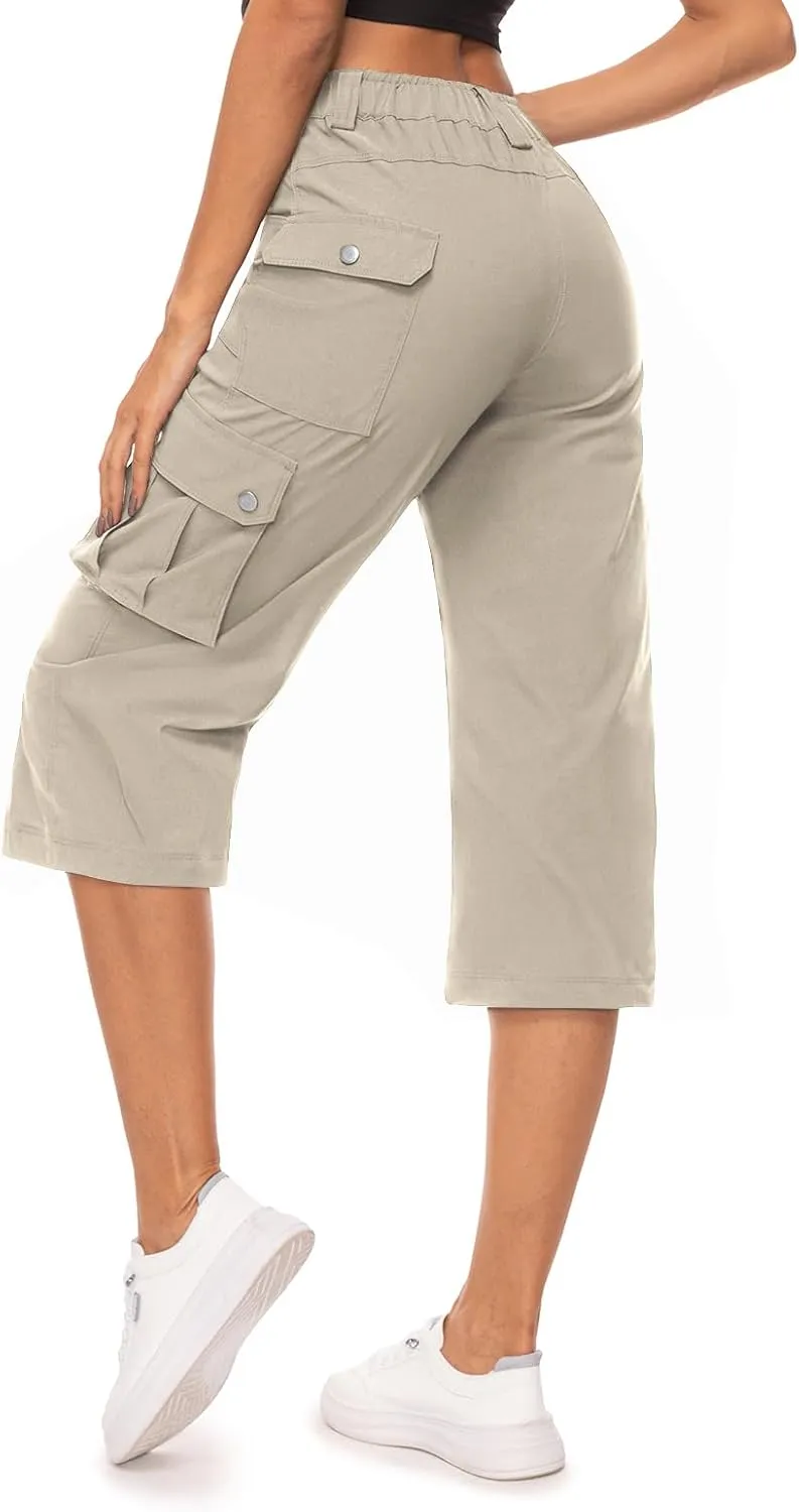 Moosehill Women's-Cargo-Capris-Pants High Waist Waterproof Hiking Casual Travel Summer Pants for Women with 6 Pockets