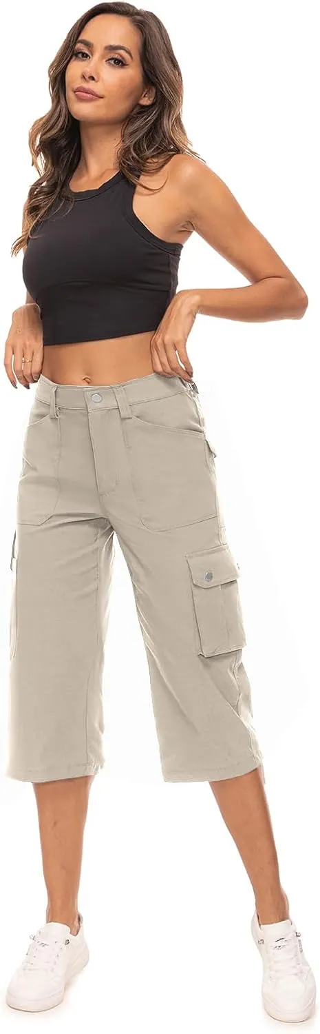 Moosehill Women's-Cargo-Capris-Pants High Waist Waterproof Hiking Casual Travel Summer Pants for Women with 6 Pockets