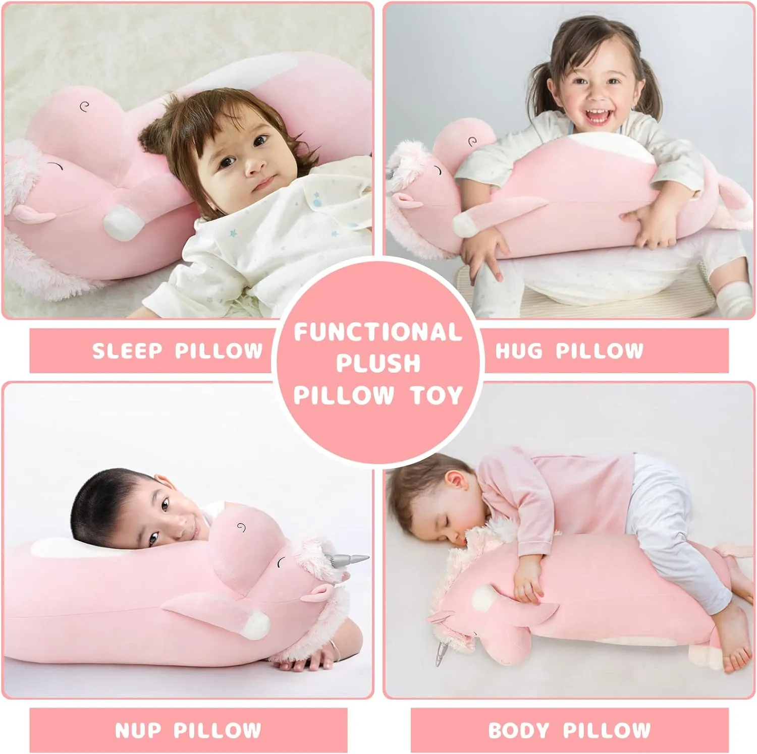 MorisMos Big Unicorn Body Pillow, 24'' Plush Unicorn Stuffed Animal, Super Soft Hugging Pillow for Girl Kid, Giant Pink Animal Stuffed Plush Pillow for Christmas Birthday Valentine's Gift,Pink