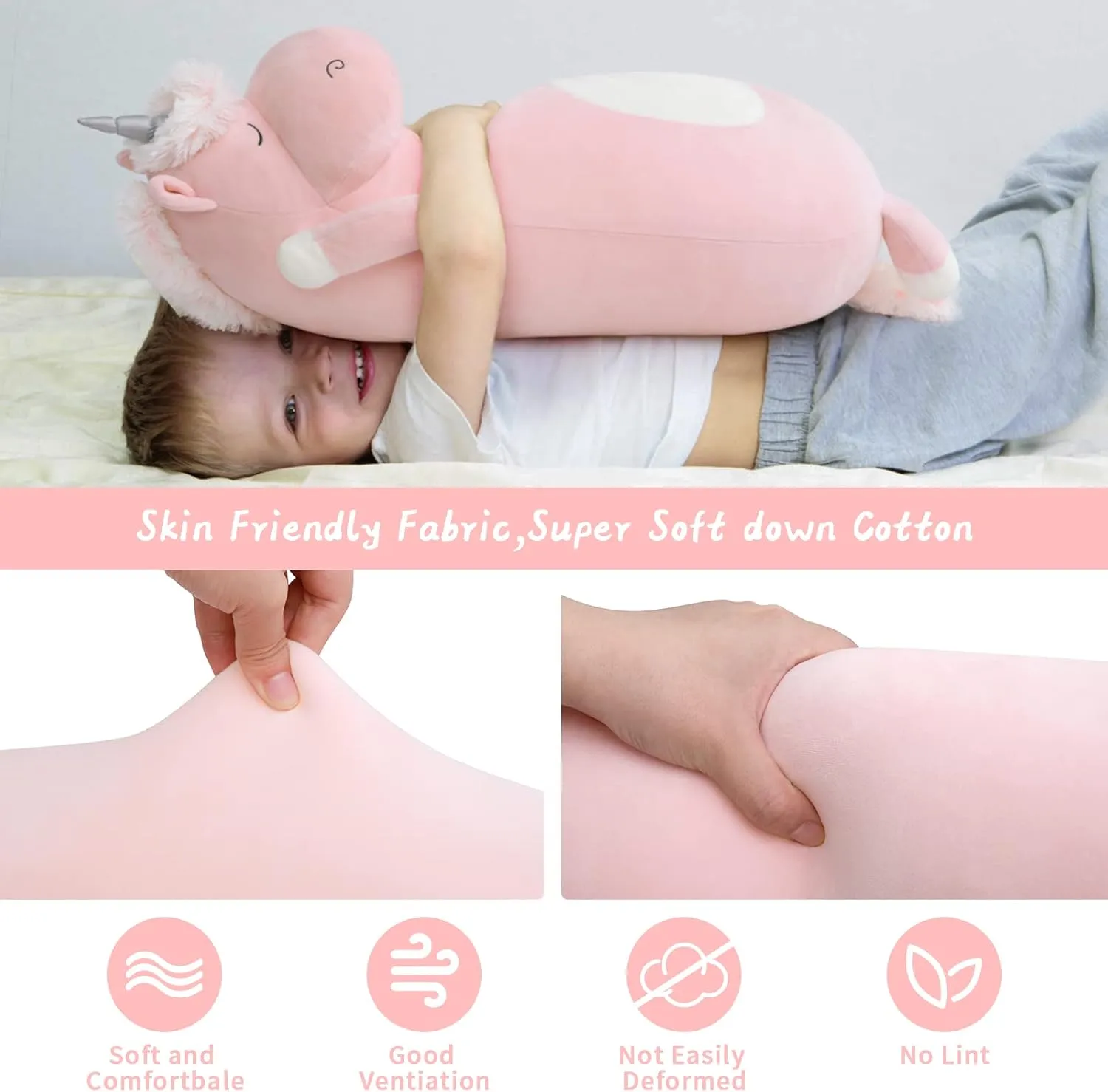 MorisMos Big Unicorn Body Pillow, 24'' Plush Unicorn Stuffed Animal, Super Soft Hugging Pillow for Girl Kid, Giant Pink Animal Stuffed Plush Pillow for Christmas Birthday Valentine's Gift,Pink