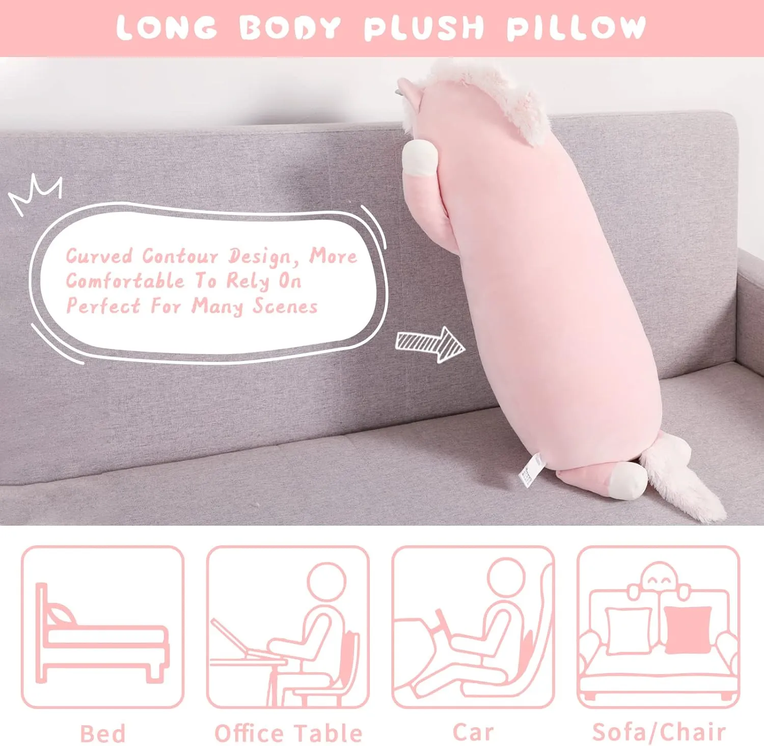 MorisMos Big Unicorn Body Pillow, 24'' Plush Unicorn Stuffed Animal, Super Soft Hugging Pillow for Girl Kid, Giant Pink Animal Stuffed Plush Pillow for Christmas Birthday Valentine's Gift,Pink