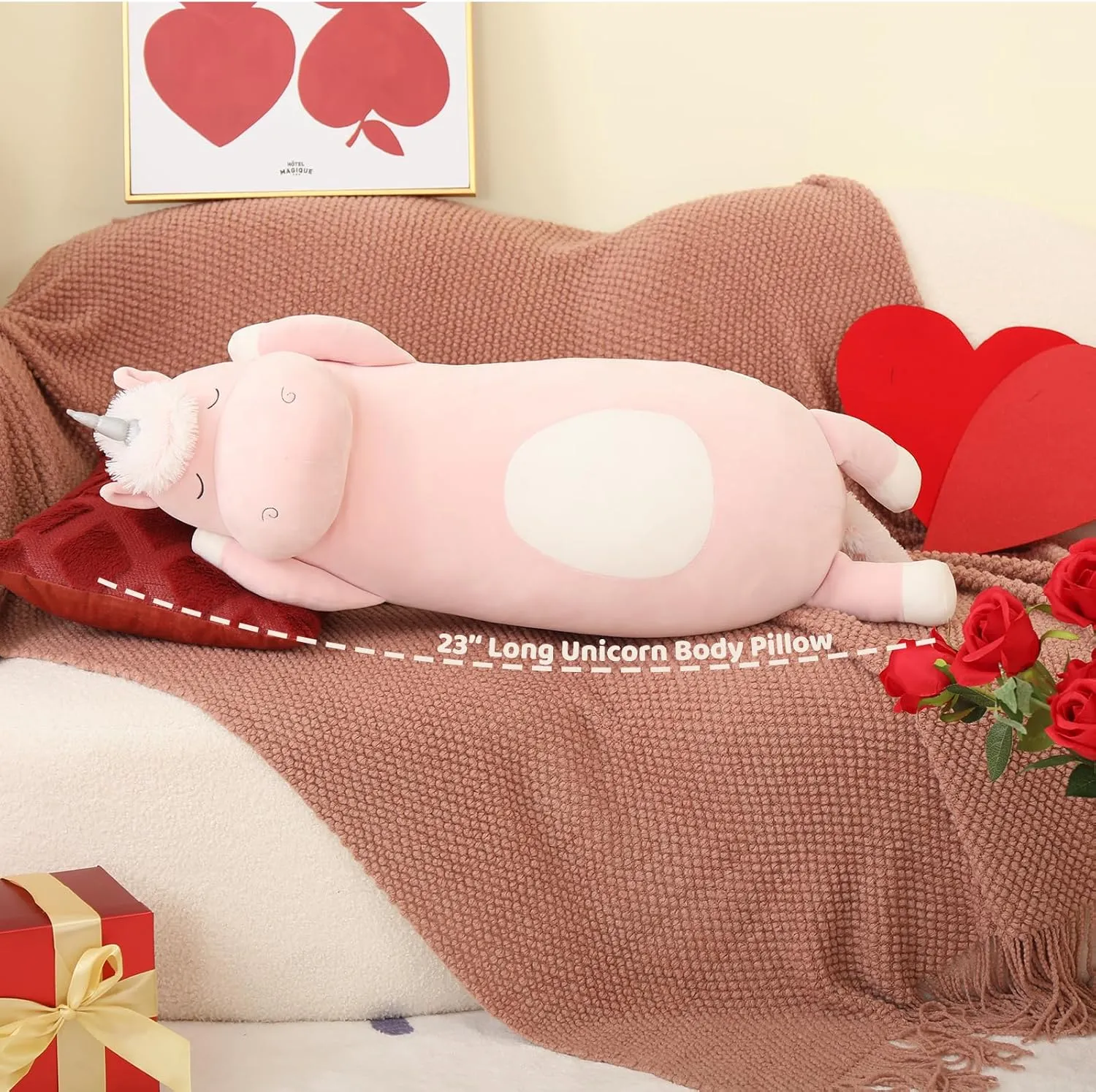 MorisMos Big Unicorn Body Pillow, 24'' Plush Unicorn Stuffed Animal, Super Soft Hugging Pillow for Girl Kid, Giant Pink Animal Stuffed Plush Pillow for Christmas Birthday Valentine's Gift,Pink