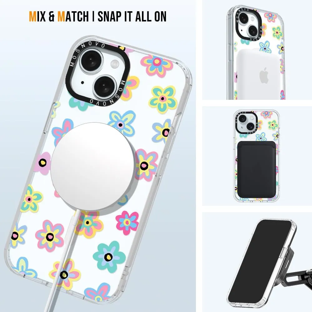 MOSNOVO Case for iPhone 15 Plus/iPhone 14 Plus, [Compatible with Magsafe] [Buffertech 6.6ft Military-Grade Drop Protection] [Anti Peel Off Tech] Clear Phone Case Design - Groovy Flower