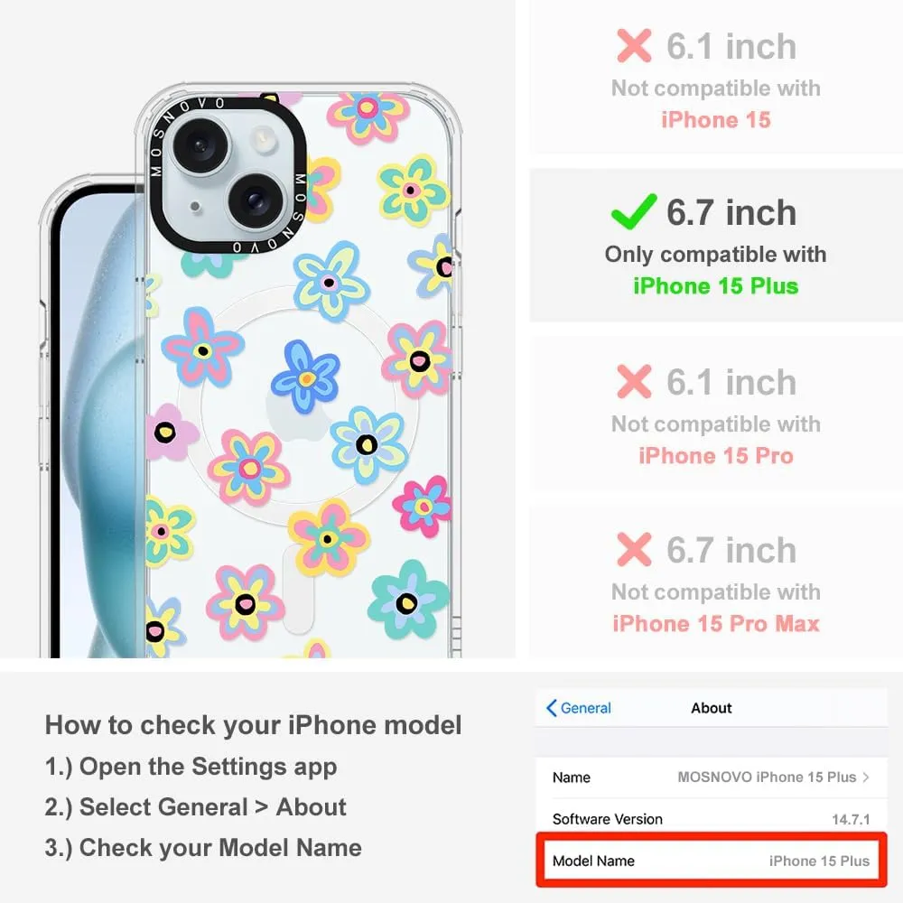 MOSNOVO Case for iPhone 15 Plus/iPhone 14 Plus, [Compatible with Magsafe] [Buffertech 6.6ft Military-Grade Drop Protection] [Anti Peel Off Tech] Clear Phone Case Design - Groovy Flower
