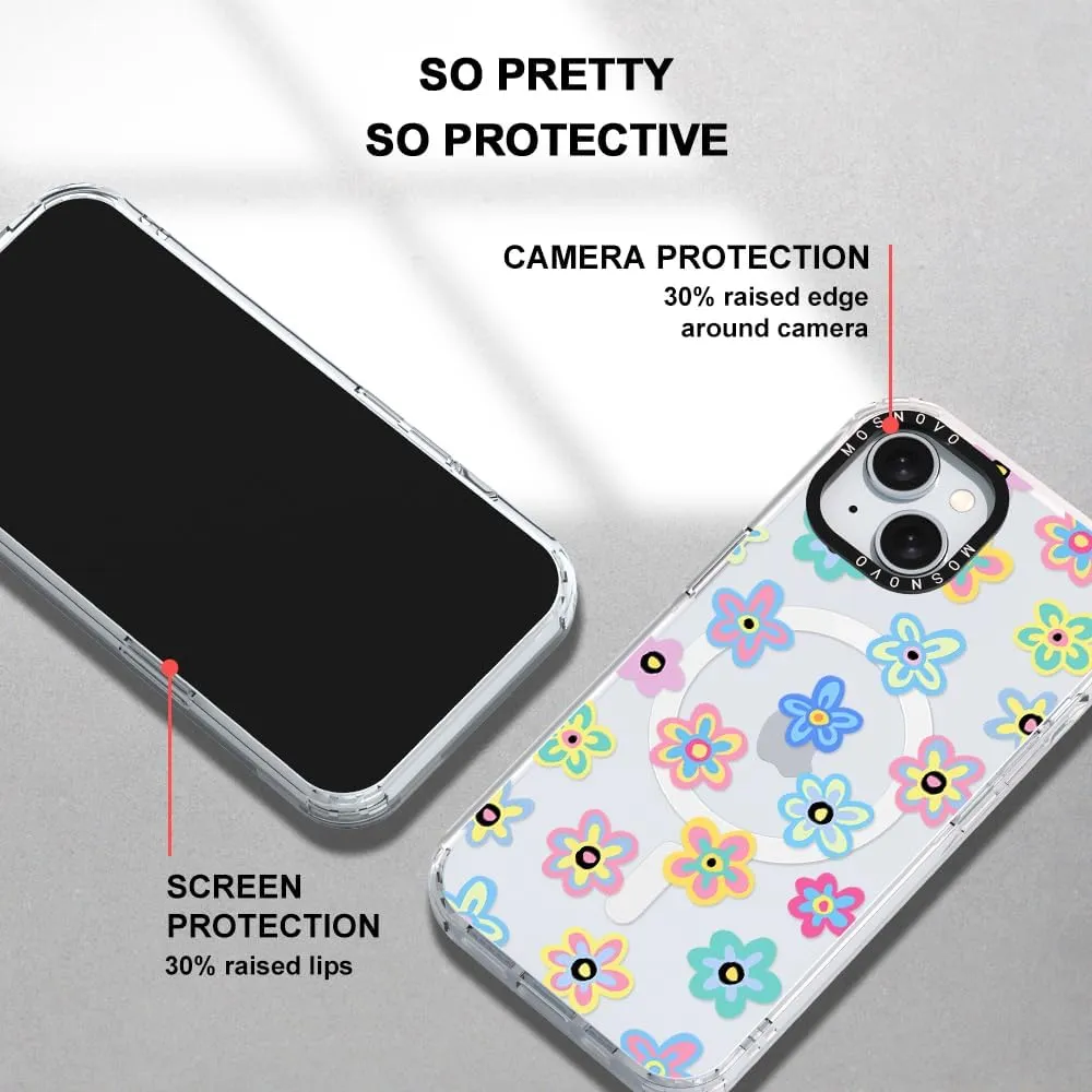 MOSNOVO Case for iPhone 15 Plus/iPhone 14 Plus, [Compatible with Magsafe] [Buffertech 6.6ft Military-Grade Drop Protection] [Anti Peel Off Tech] Clear Phone Case Design - Groovy Flower