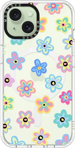 MOSNOVO Case for iPhone 15 Plus/iPhone 14 Plus, [Compatible with Magsafe] [Buffertech 6.6ft Military-Grade Drop Protection] [Anti Peel Off Tech] Clear Phone Case Design - Groovy Flower