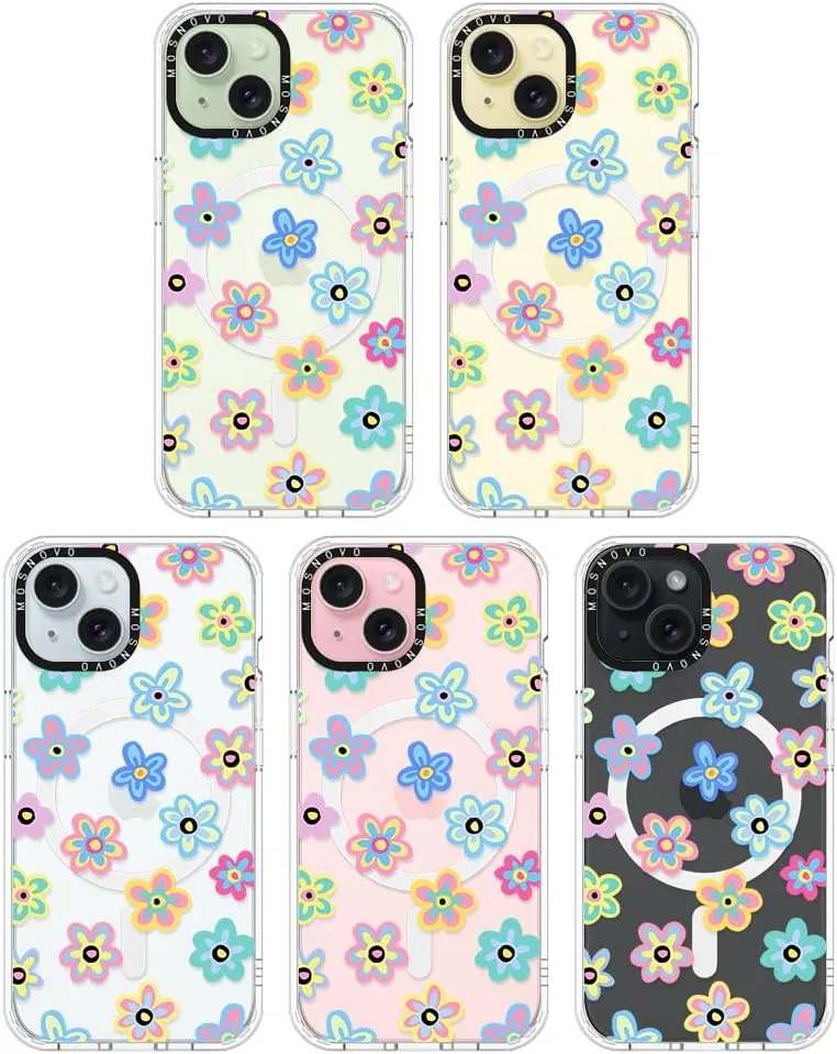 MOSNOVO Case for iPhone 15 Plus/iPhone 14 Plus, [Compatible with Magsafe] [Buffertech 6.6ft Military-Grade Drop Protection] [Anti Peel Off Tech] Clear Phone Case Design - Groovy Flower