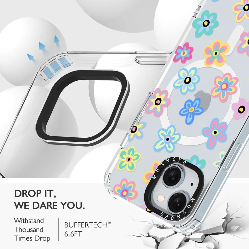 MOSNOVO Case for iPhone 15 Plus/iPhone 14 Plus, [Compatible with Magsafe] [Buffertech 6.6ft Military-Grade Drop Protection] [Anti Peel Off Tech] Clear Phone Case Design - Groovy Flower