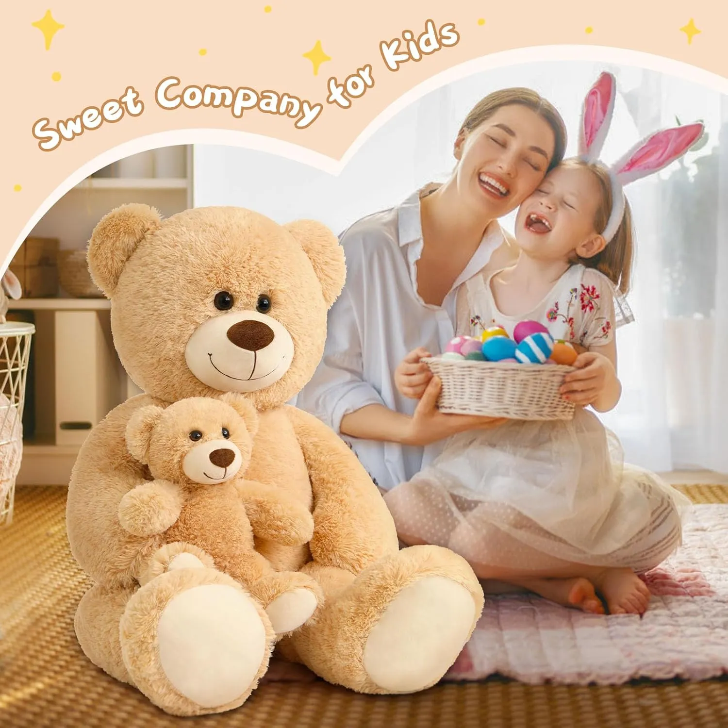 Muiteiur 39 Inch Giant Teddy Bear, Cute Mom and Baby Bear Plush Toys, Large Stuffed Animals for Kids Girlfriend Boys Girls, Light Brown