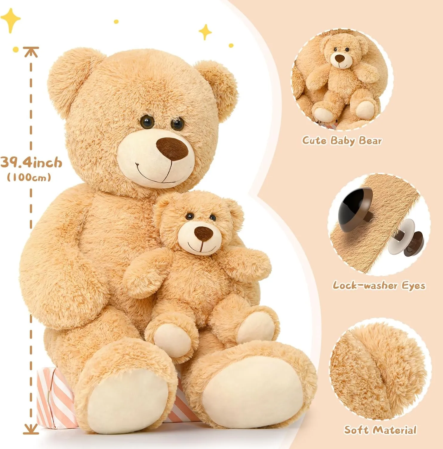 Muiteiur 39 Inch Giant Teddy Bear, Cute Mom and Baby Bear Plush Toys, Large Stuffed Animals for Kids Girlfriend Boys Girls, Light Brown