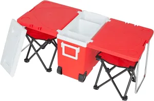 Multi-Function Insulated Beverage Rolling Cooler Warm, Picnic Camping Outdoor w/Table & 2 Portable Foldable Camping Fishing Chair Stool with Carrying Bag (Red)