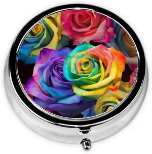 Multicolored Roses Pill Box Round Pill Case for Pocket Purse 3 Compartment Medicine Pill Organizer Cute Portable Travel Pillbox Vitamin Cod Liver Oil Storage Box Unique Gift Organizer