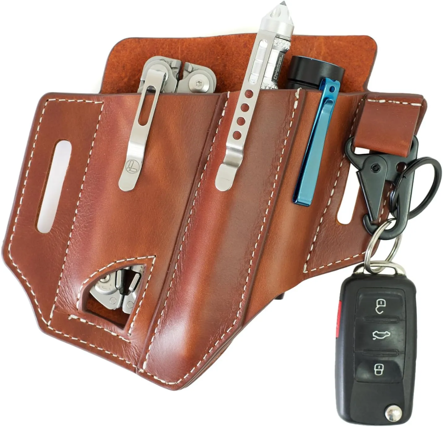 Multitool Sheath for Belt (Premium Leather) - EDC Pocket Organizer | Leatherman Holster | Handmade Leather Multitool Pouch with Pen Holder, Flashlight Sheath and Key Fob Clip by ATQANA®