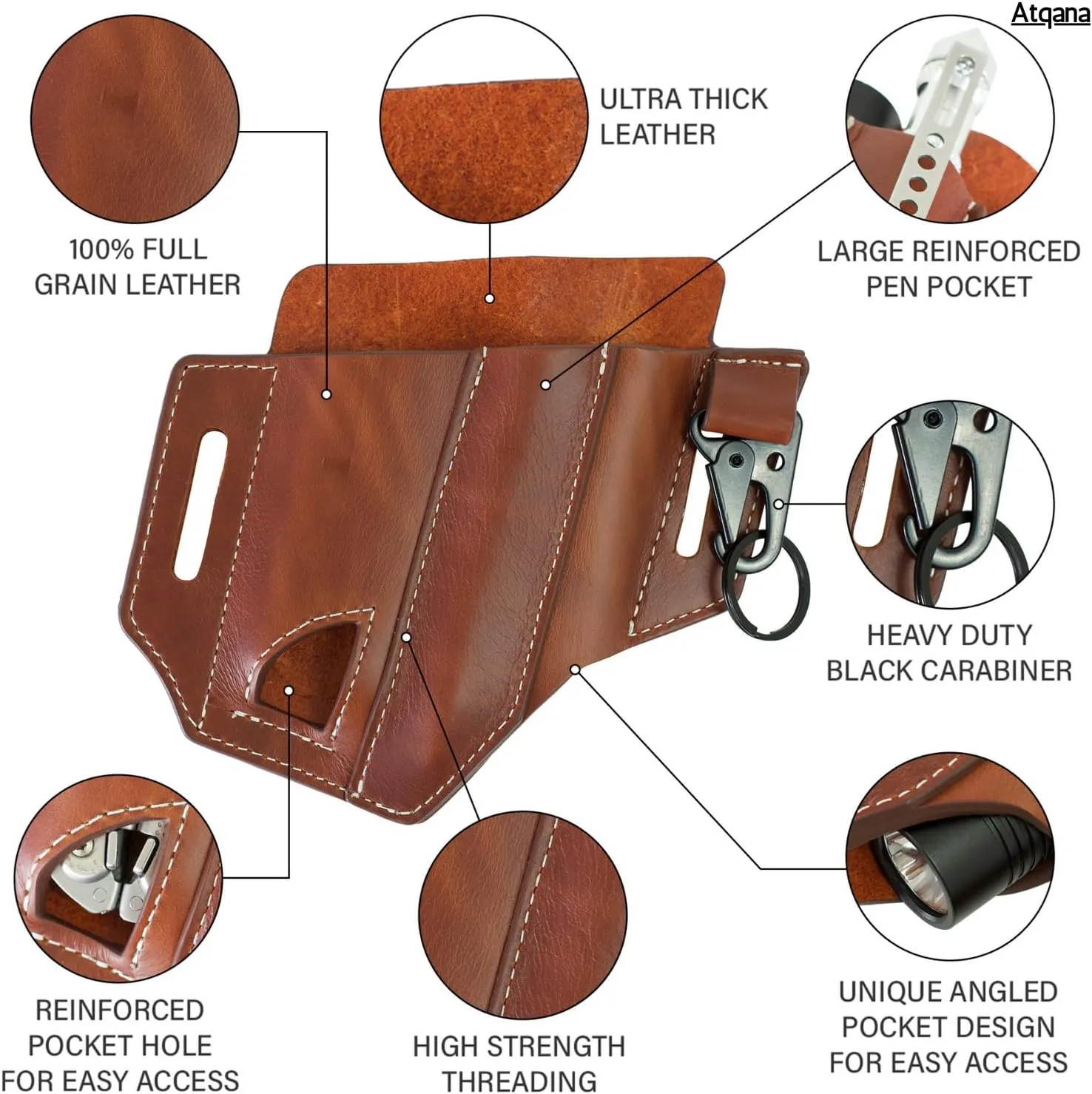 Multitool Sheath for Belt (Premium Leather) - EDC Pocket Organizer | Leatherman Holster | Handmade Leather Multitool Pouch with Pen Holder, Flashlight Sheath and Key Fob Clip by ATQANA®