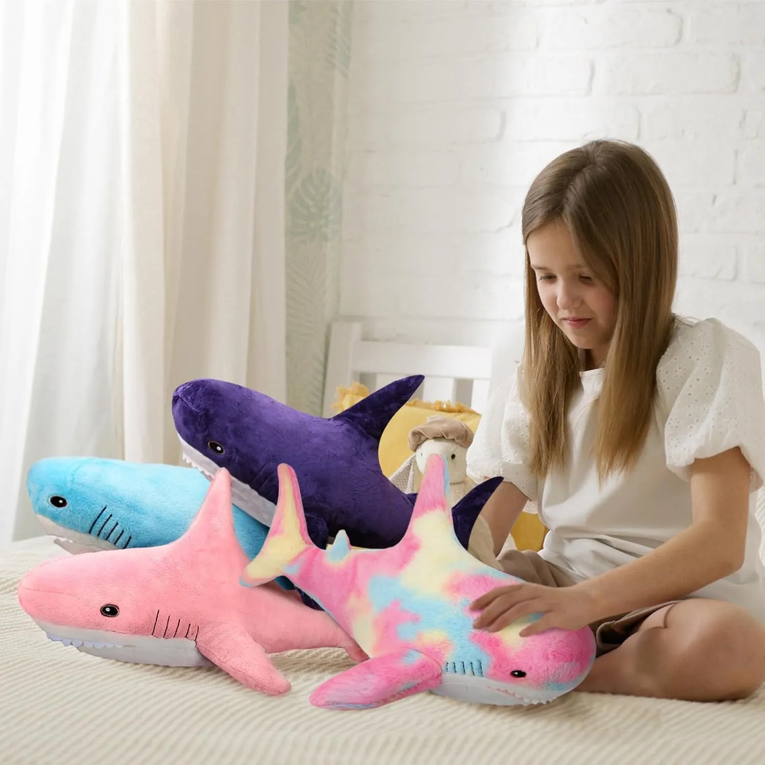 MUPI Shark Stuffed Animal Plush 31" Cute Shark Toy Plush Pillows Soft Cotton Sharks Plushies Ocean Sea Animal Doll Gifts for Boys Girls Kids Adults（Rainbow）