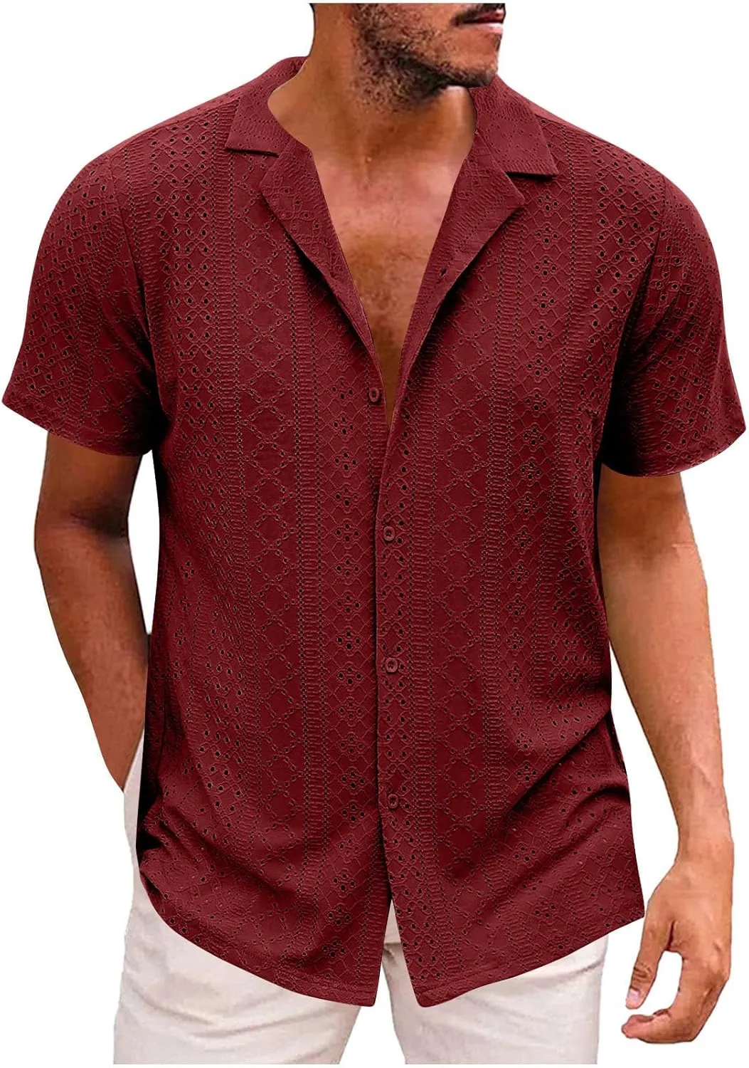 Muscularfit Mens Big and Tall Button Down Shirts Summer Short Sleeve Eyelet Shirts Casual Beach Tops Muscle Basic T Shirts