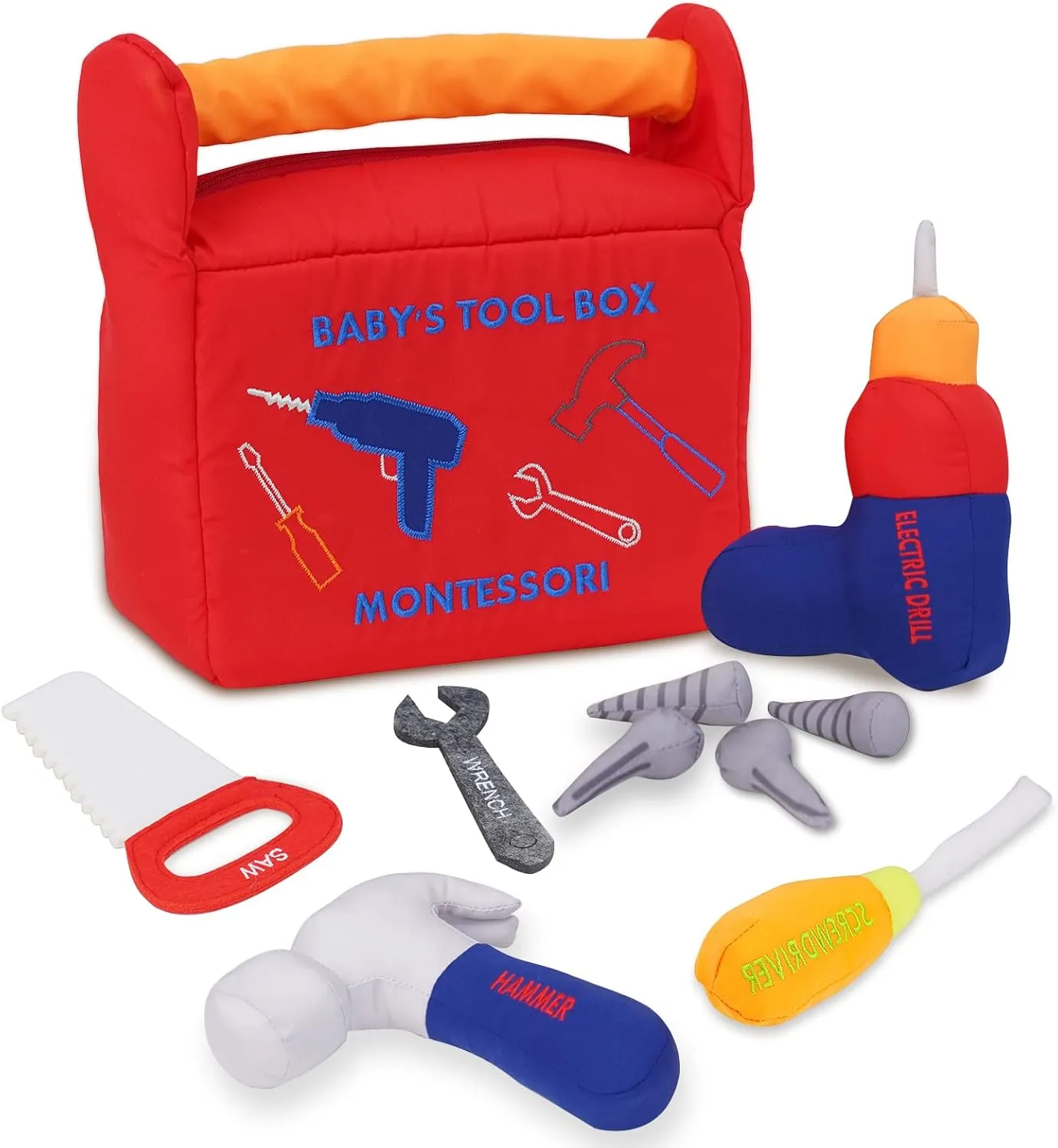My First Tool Box Baby, Include Electric Drill, Saw, Wrench, Hammer, Screwdriver and Screws for Early Montessori Education and Baby Boy & Girl Toy Gift (Red)