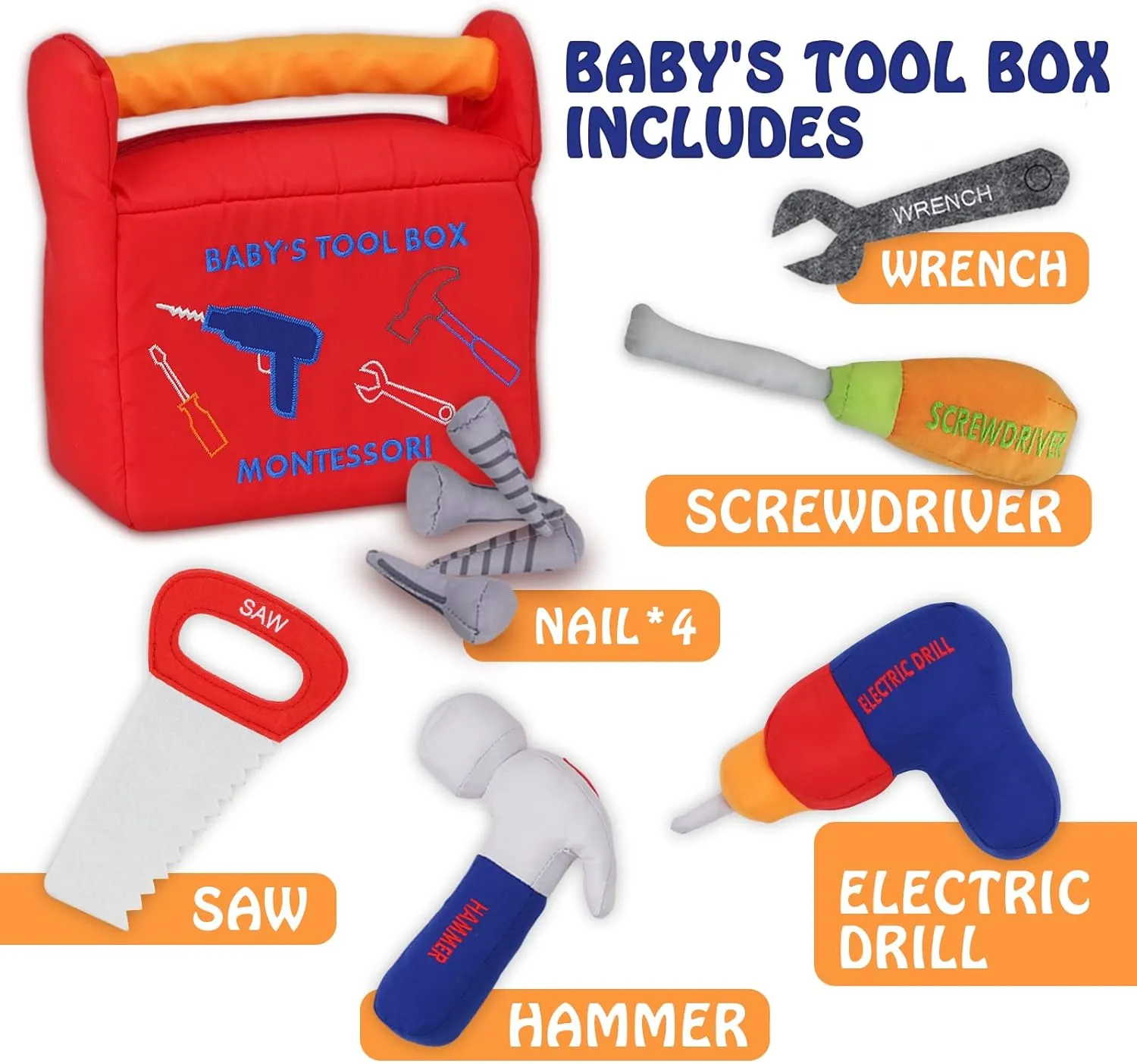 My First Tool Box Baby, Include Electric Drill, Saw, Wrench, Hammer, Screwdriver and Screws for Early Montessori Education and Baby Boy & Girl Toy Gift (Red)