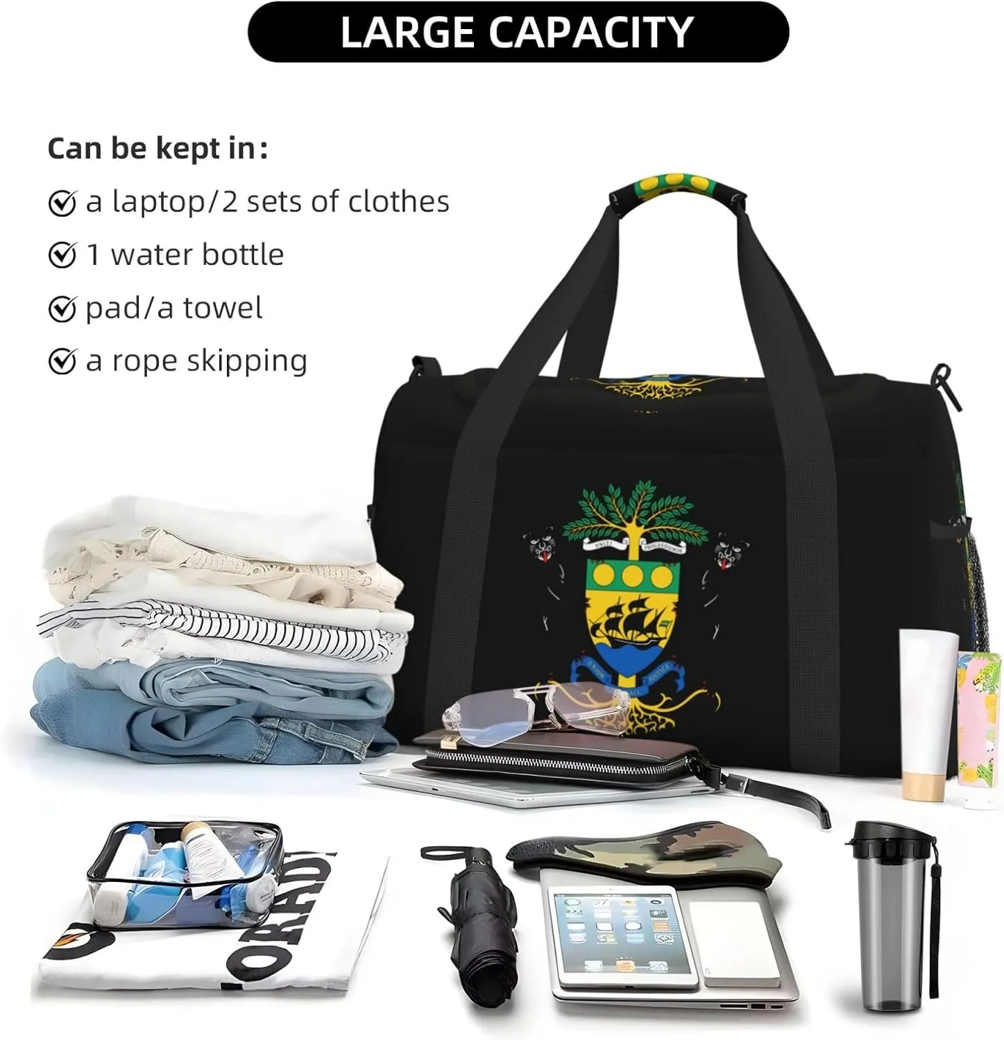National Emblem Of Gabon Travel Duffel Bag Large Foldable Waterproof Overnight Bag For Beach Swim Bags Pool Sports Gym
