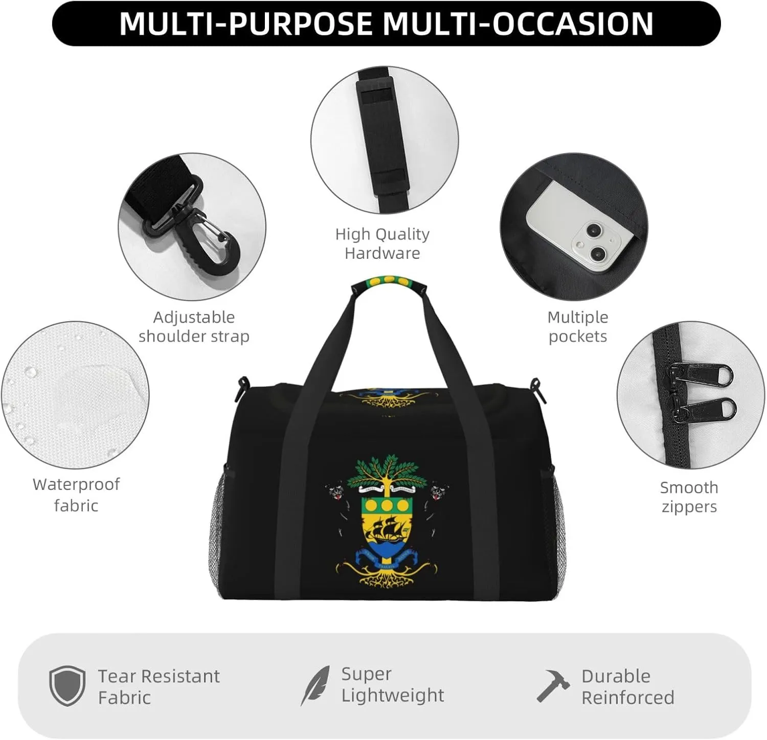 National Emblem Of Gabon Travel Duffel Bag Large Foldable Waterproof Overnight Bag For Beach Swim Bags Pool Sports Gym