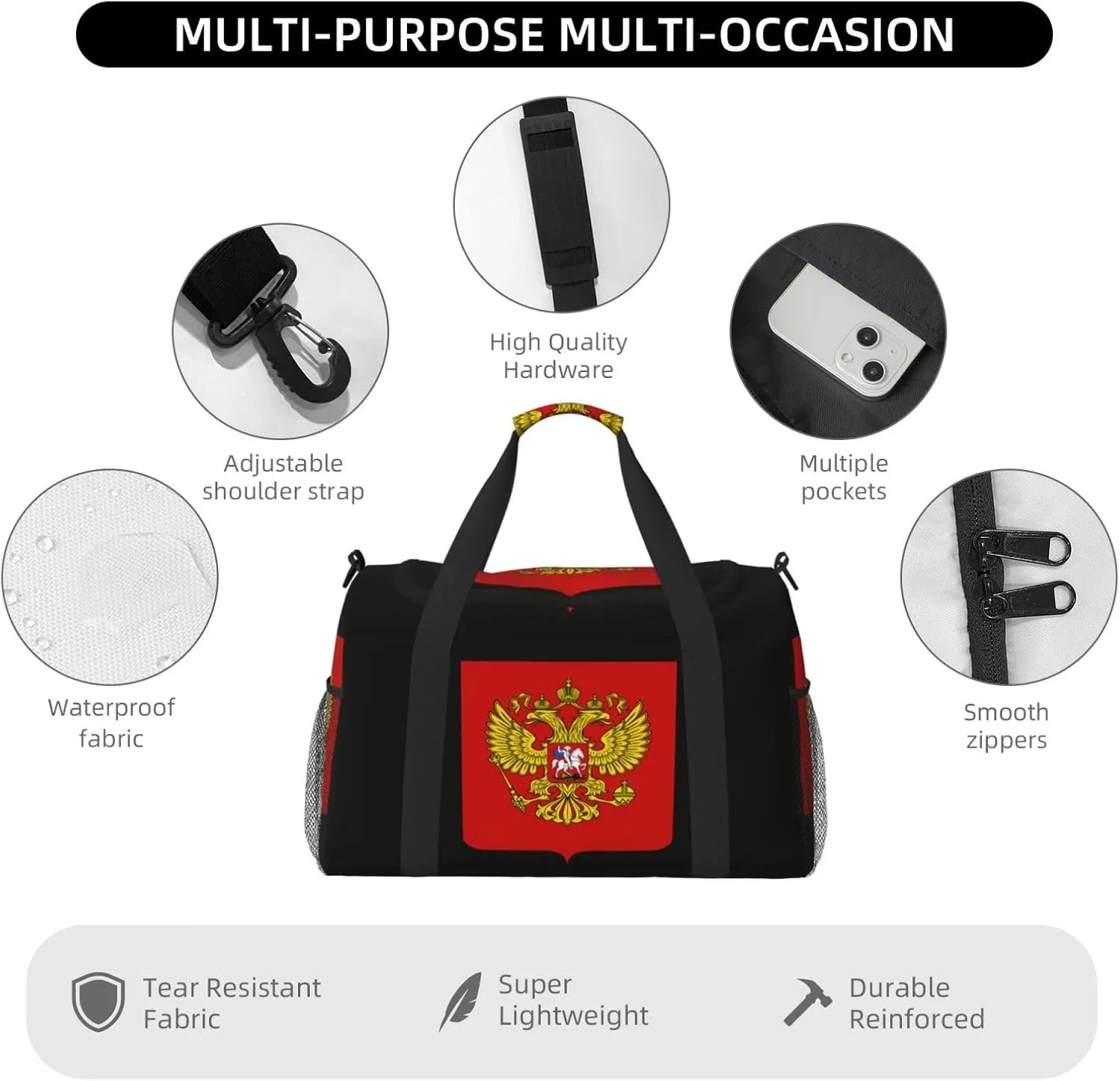 National Emblem Of Russian Travel Duffel Bag Large Foldable Waterproof Overnight Bag For Beach Swim Bags Pool Sports Gym