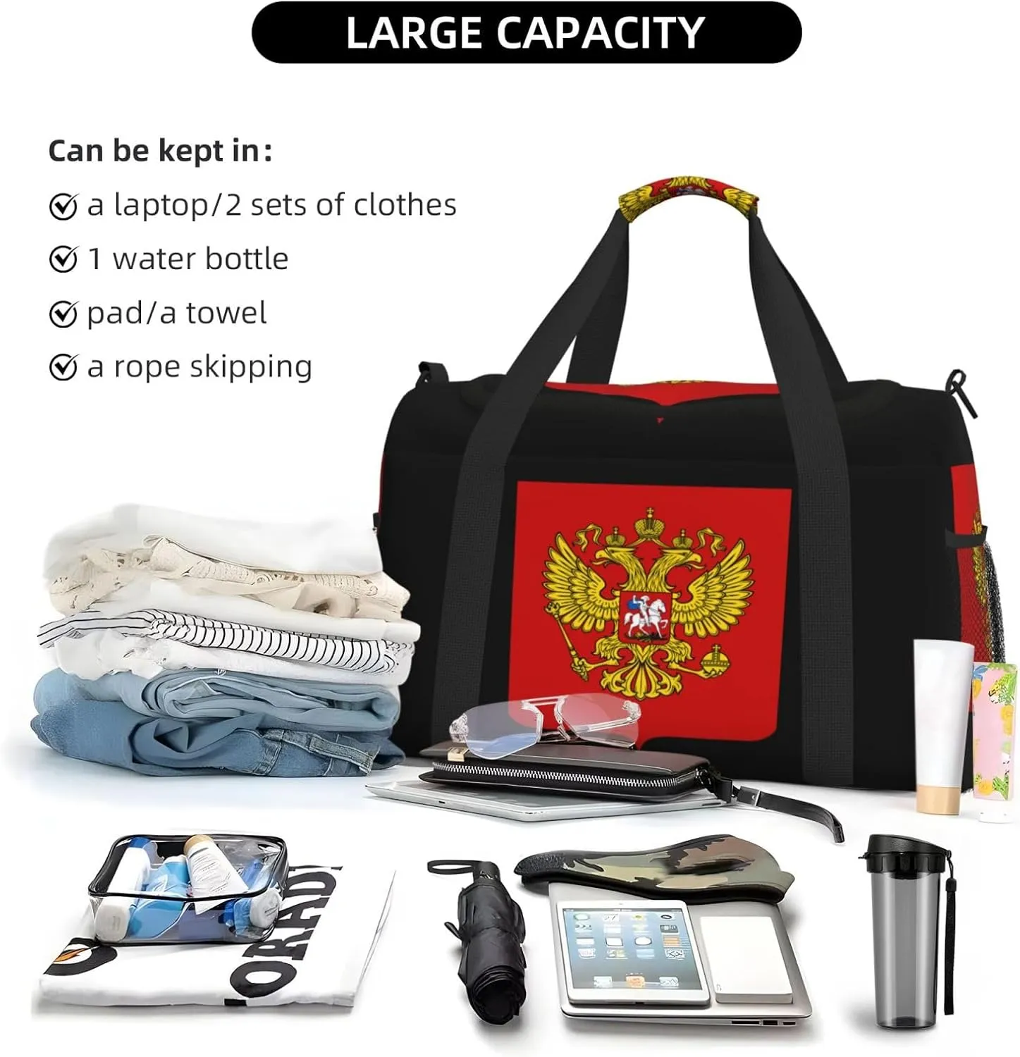 National Emblem Of Russian Travel Duffel Bag Large Foldable Waterproof Overnight Bag For Beach Swim Bags Pool Sports Gym