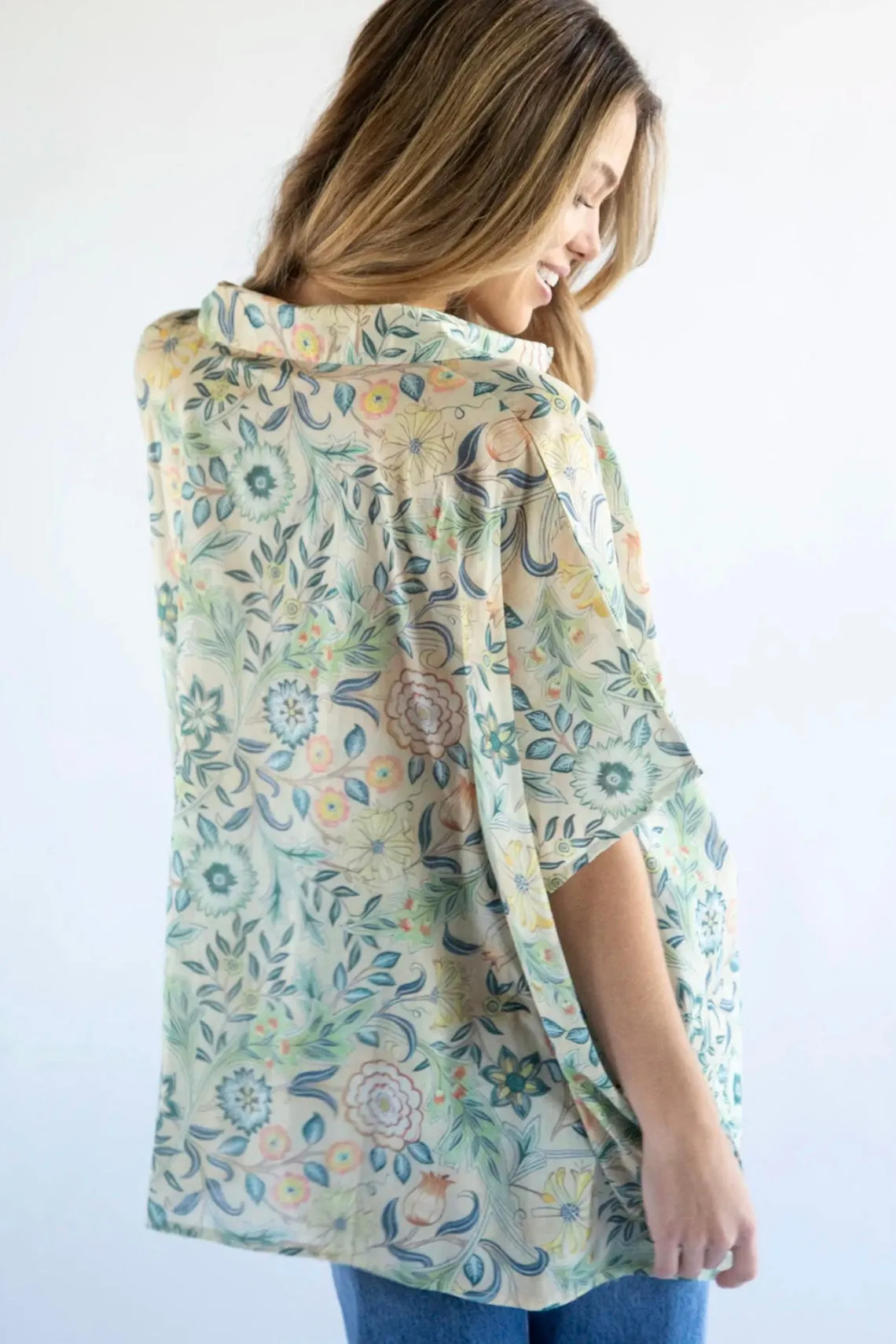 Natural Life Kelly One Size Button Down in Cream Floral with Blue Leaves