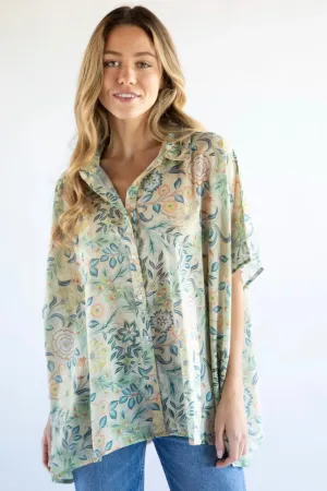 Natural Life Kelly One Size Button Down in Cream Floral with Blue Leaves