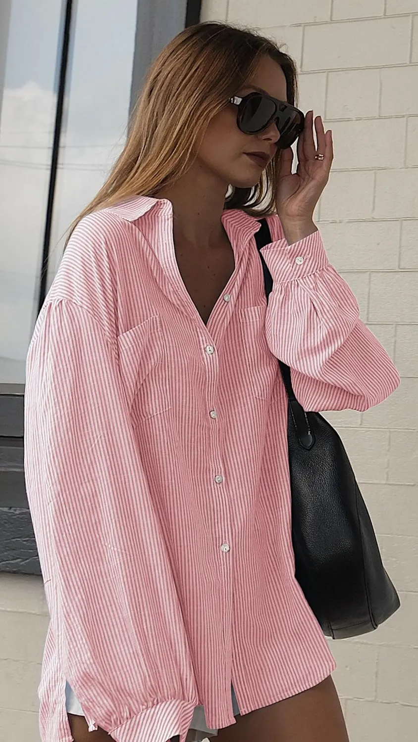 Neweek Womens Button Down Boyfriend Striped Shirts Long Sleeve Cotton Work Office Loose Blouses Tops with Pocket 2025