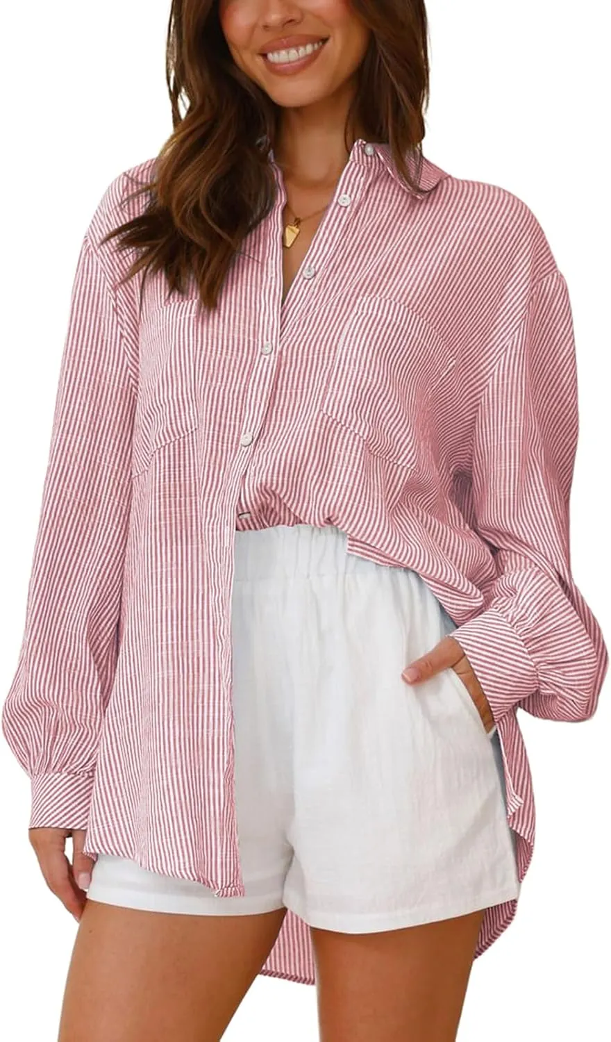Neweek Womens Button Down Boyfriend Striped Shirts Long Sleeve Cotton Work Office Loose Blouses Tops with Pocket 2025