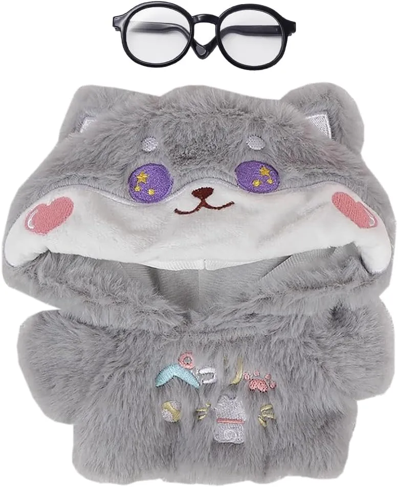 niannyyhouse 20cm Plush Doll Clothes Cartoon Hoodie Glasses Warm Sweatshirt 8in Doll Dress Up (Gray)