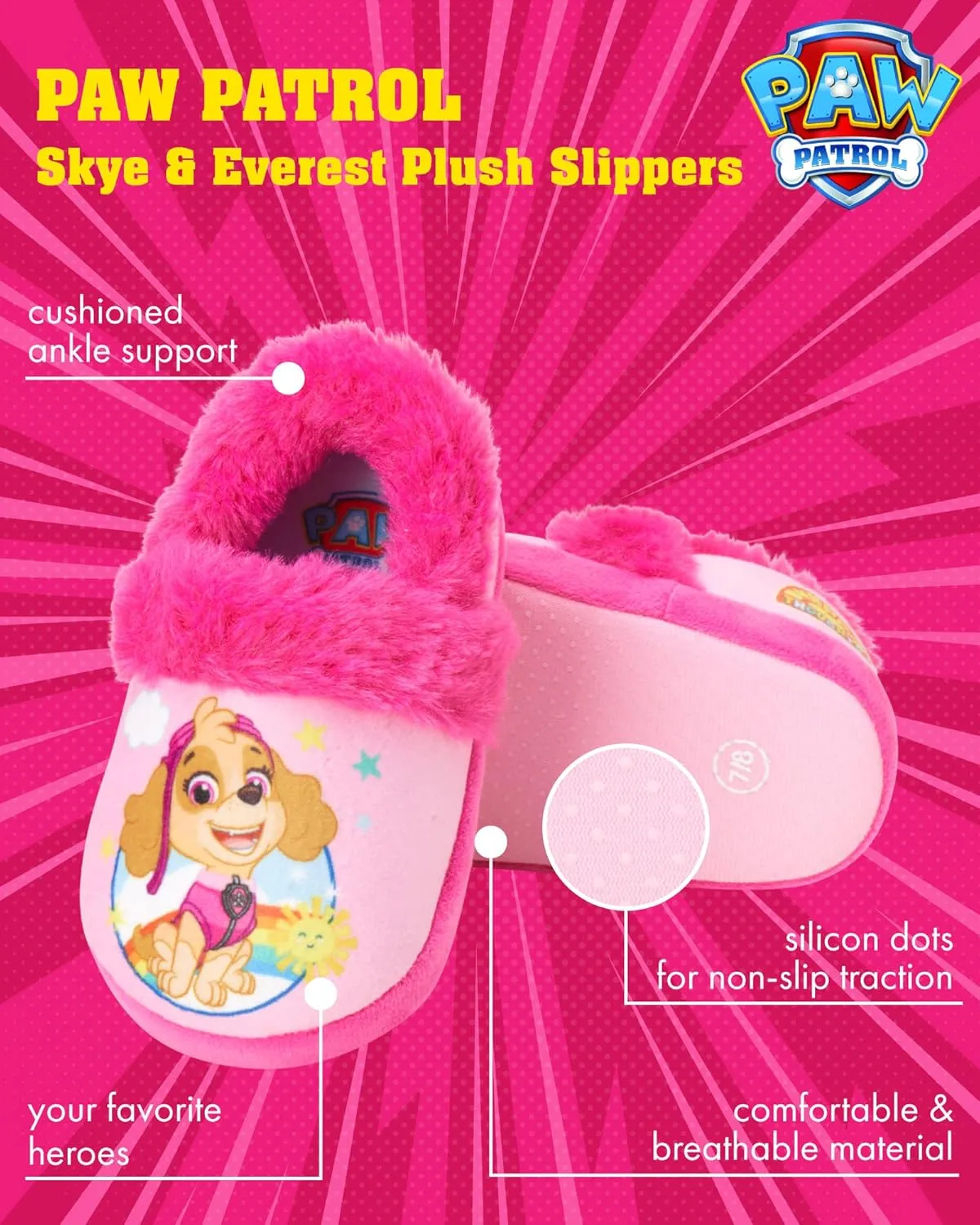 Nickelodeon Girl's Paw Patrol Plush Fuzzy Skye and Everest Slippers (Toddler/Little Kid)