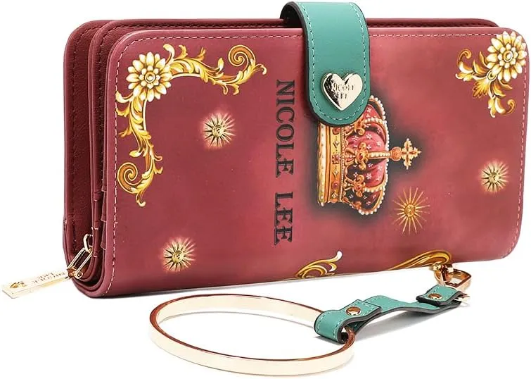 Nicole Lee Signature Bifold Wallet Wristlet, Vegan Leather, 6 Card Slots and Detachable Strap (THE QUEEN)