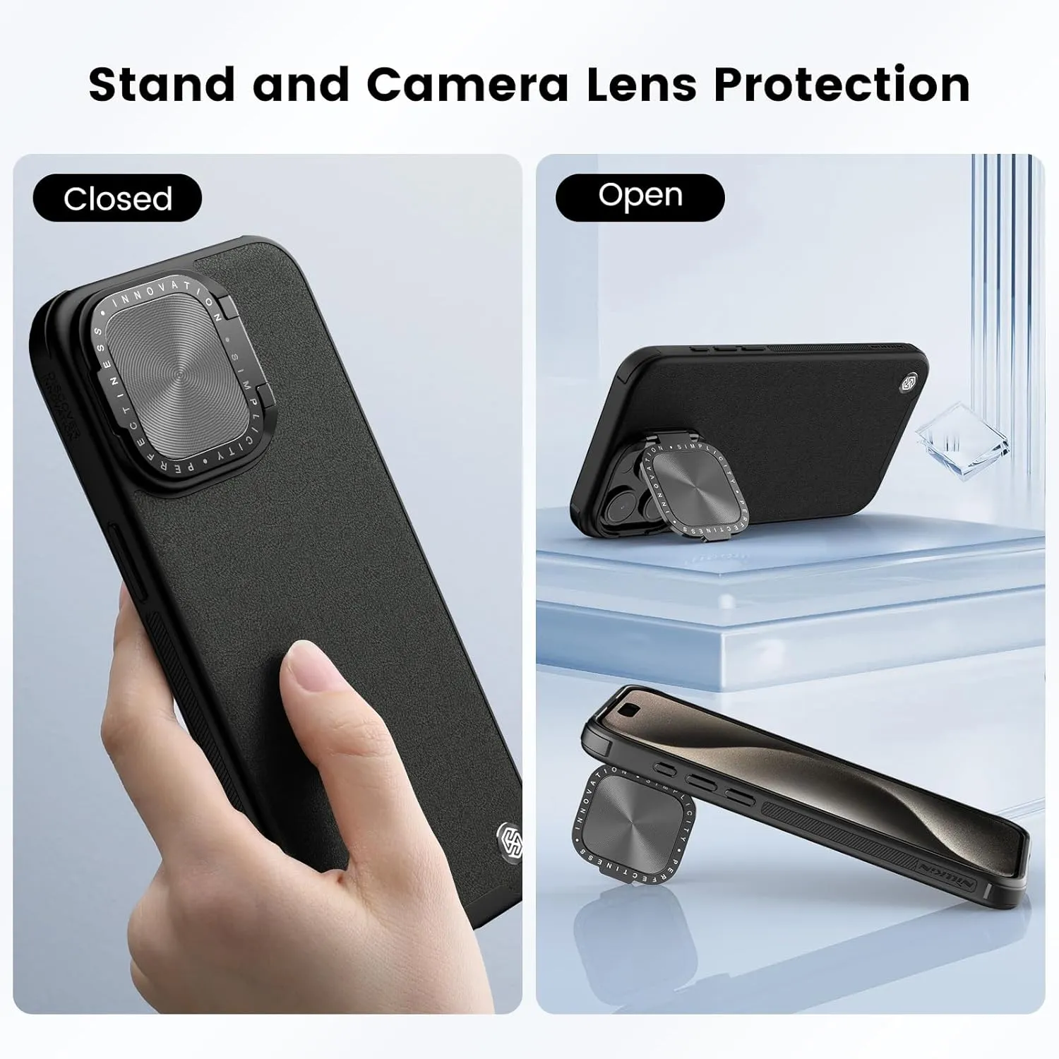 Nillkin for iPhone 15 Pro Case, Vegan Leather Case Compatible with MagSafe, Built-in Stash Camera Kickstand, Shockproof Protective Phone Case for iPhone 15 Pro 6.1 inch, Black