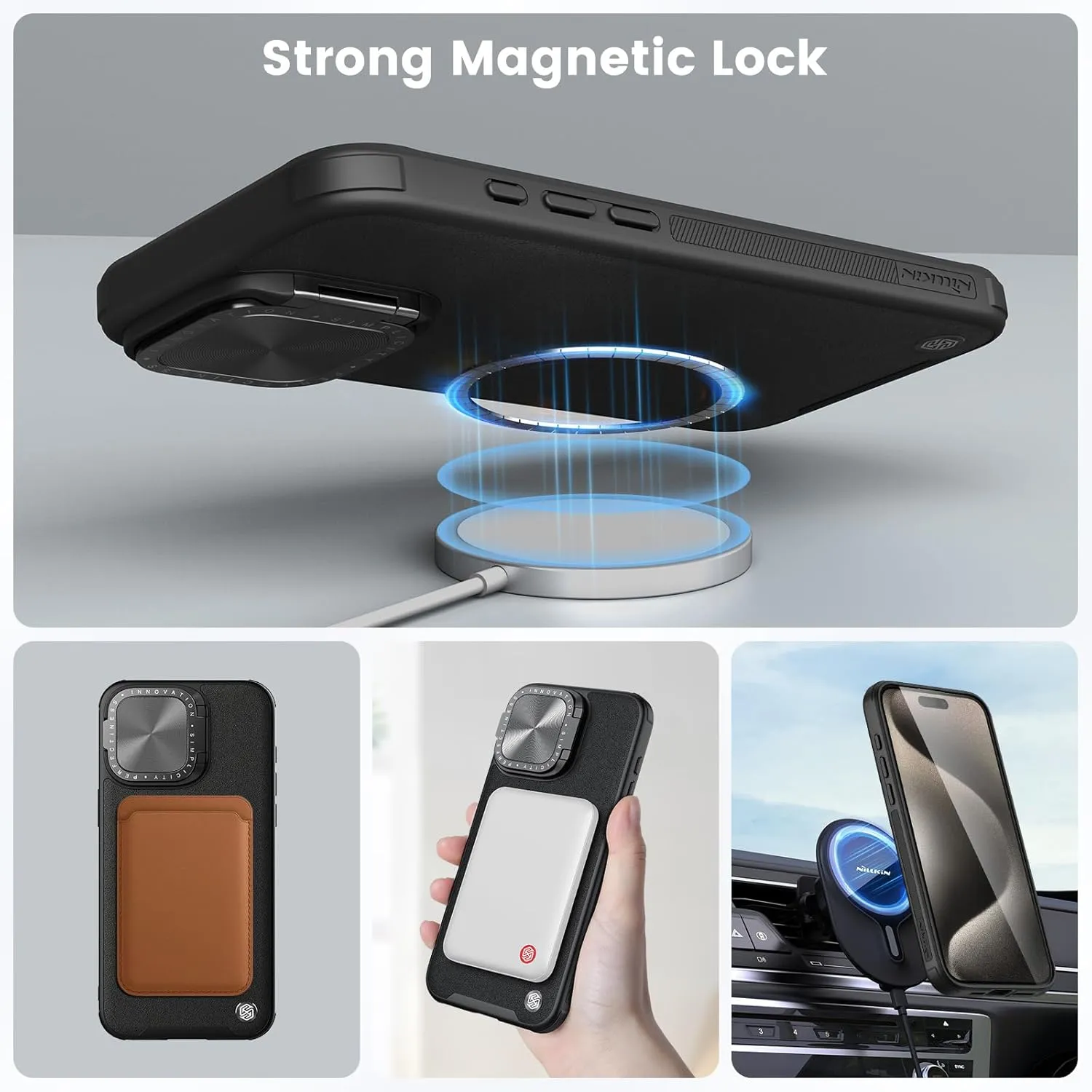 Nillkin for iPhone 15 Pro Case, Vegan Leather Case Compatible with MagSafe, Built-in Stash Camera Kickstand, Shockproof Protective Phone Case for iPhone 15 Pro 6.1 inch, Black