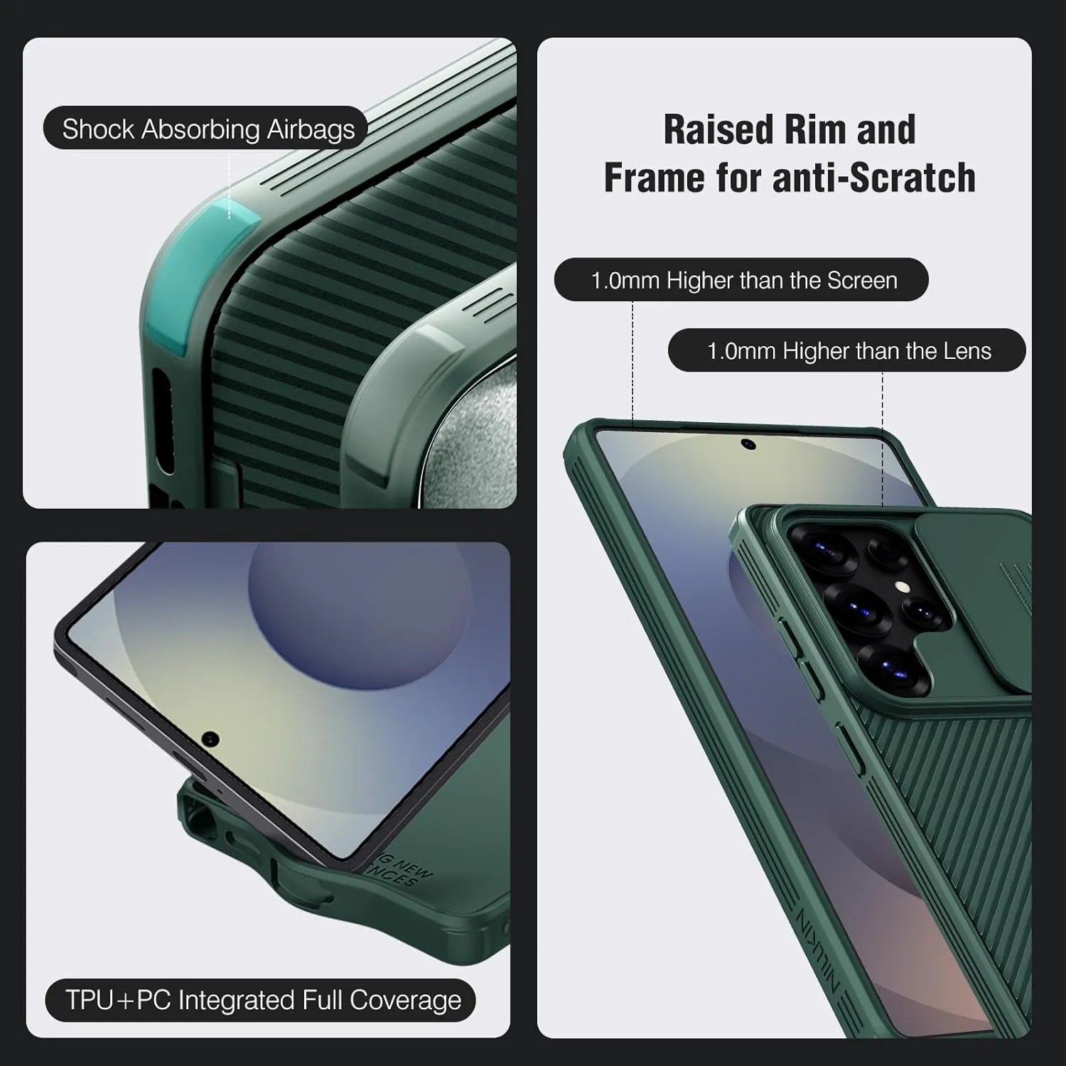 Nillkin for Samsung Galaxy S25 Ultra Case with Camera Cover, [Lens Protection] Mil-Grade Shockproof Protective Bumper Hard Cover Slim Phone Case for Galaxy S25 Ultra Cases 6.9'' Green